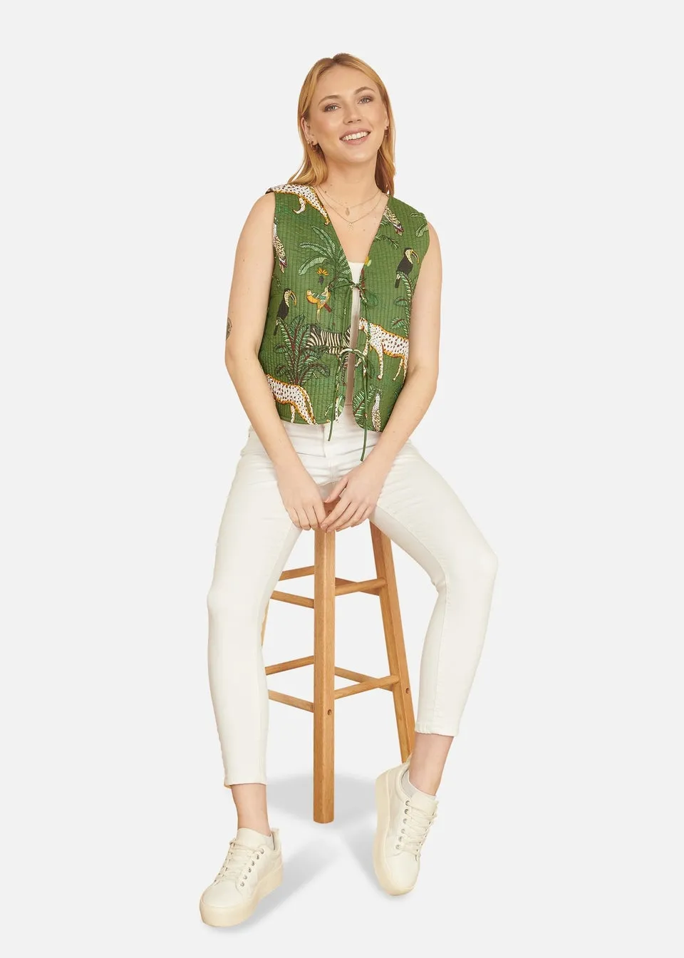 Yumi Green Animal Reversible Cotton Quilted Waistcoat