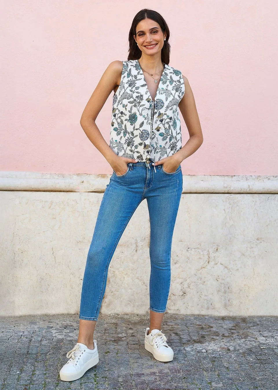 Yumi White Leaf Reversible Cotton Quilted Waistcoat