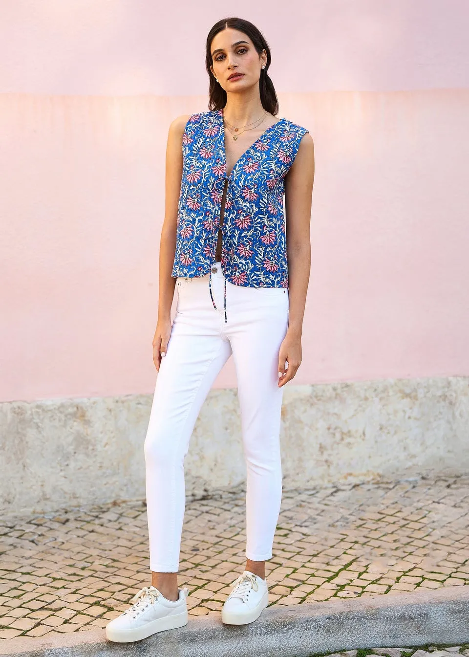 Yumi Blue Flower Reversible Cotton Quilted Waistcoat