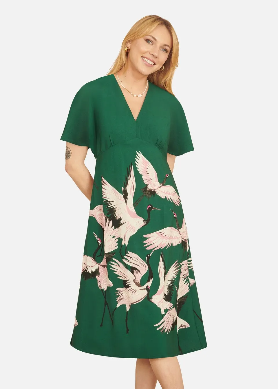 Yumi Recycled Fabric Green Crane Print Kimono