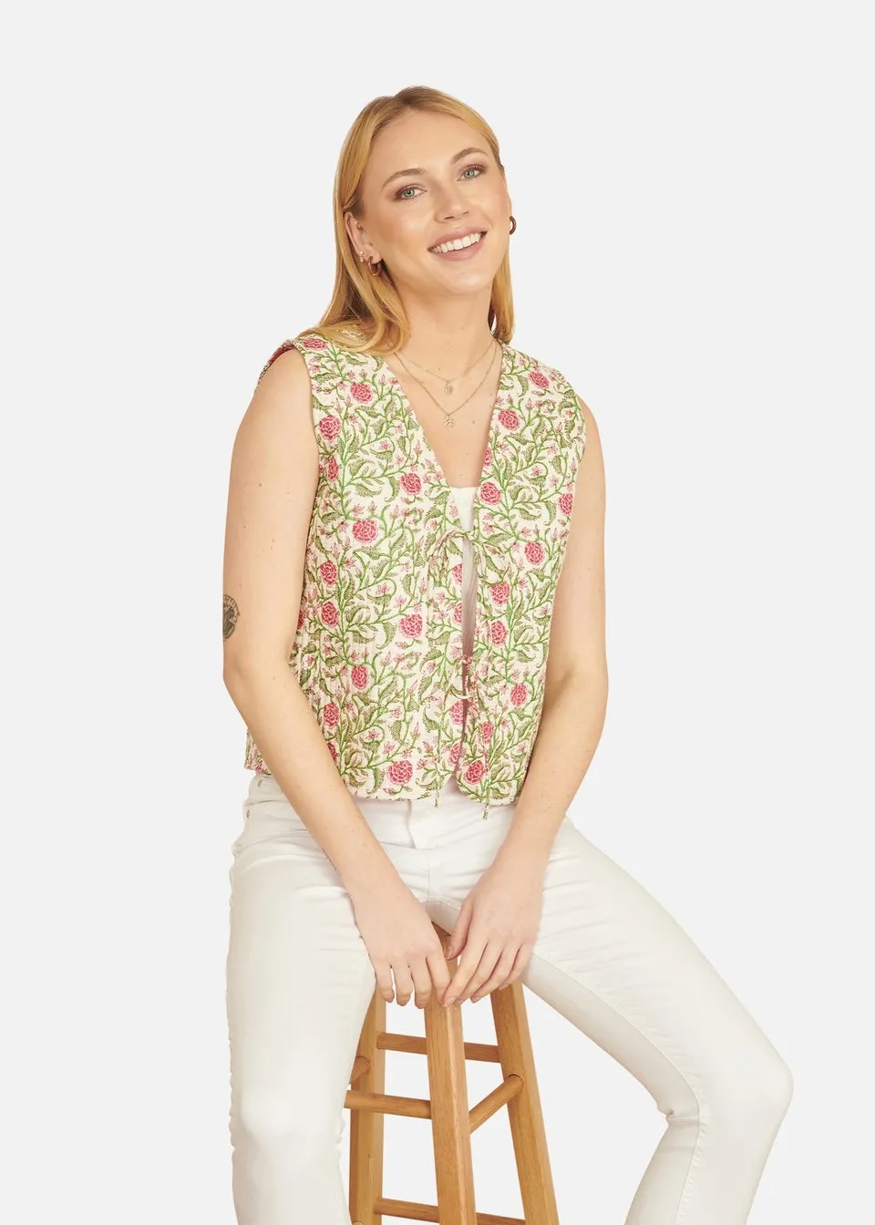 Yumi White Floral Reversible Cotton Quilted Waistcoat