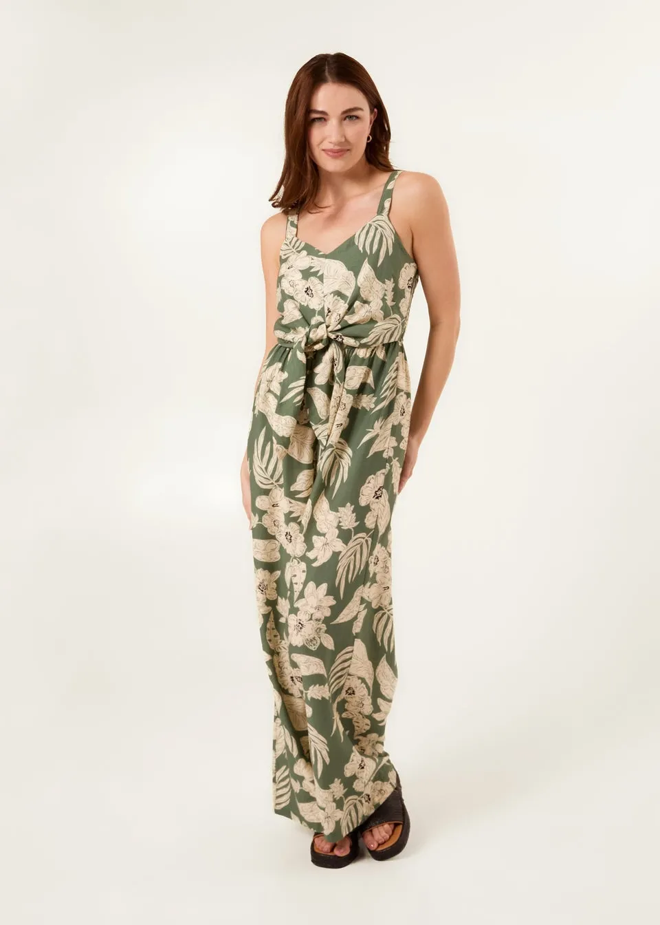 Blue Vanilla Khaki Tropical Print Tie Front Jumpsuit