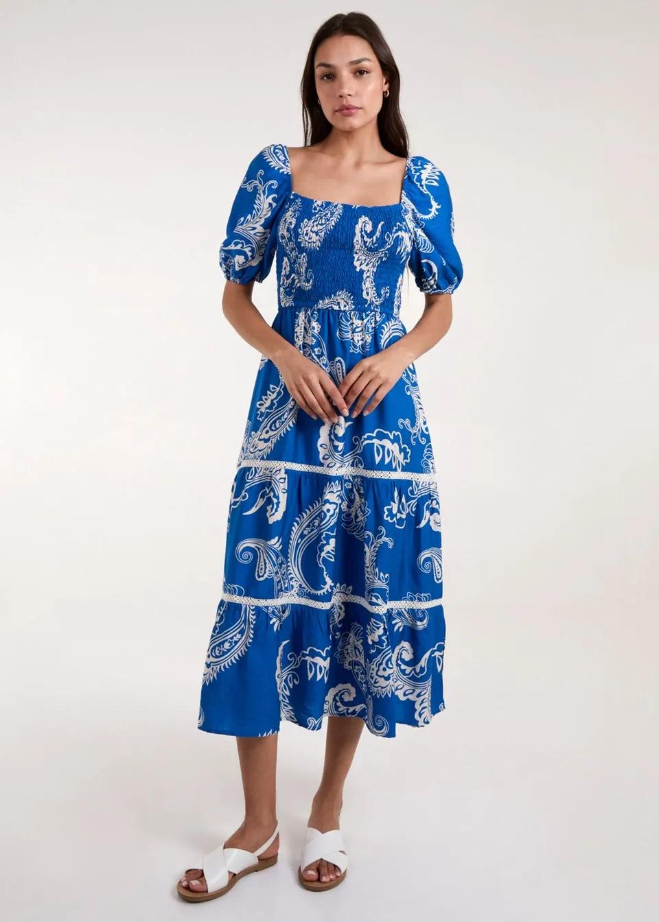 Blue Vanilla Blue Square Neck Puff Sleeve Shirred Waist Midi Dress