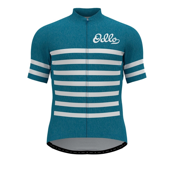 Cycling Jersey Odlo Men's Stand-Up Collar S/S Full Zip Element Cycling Jersey Mykonos Blue White