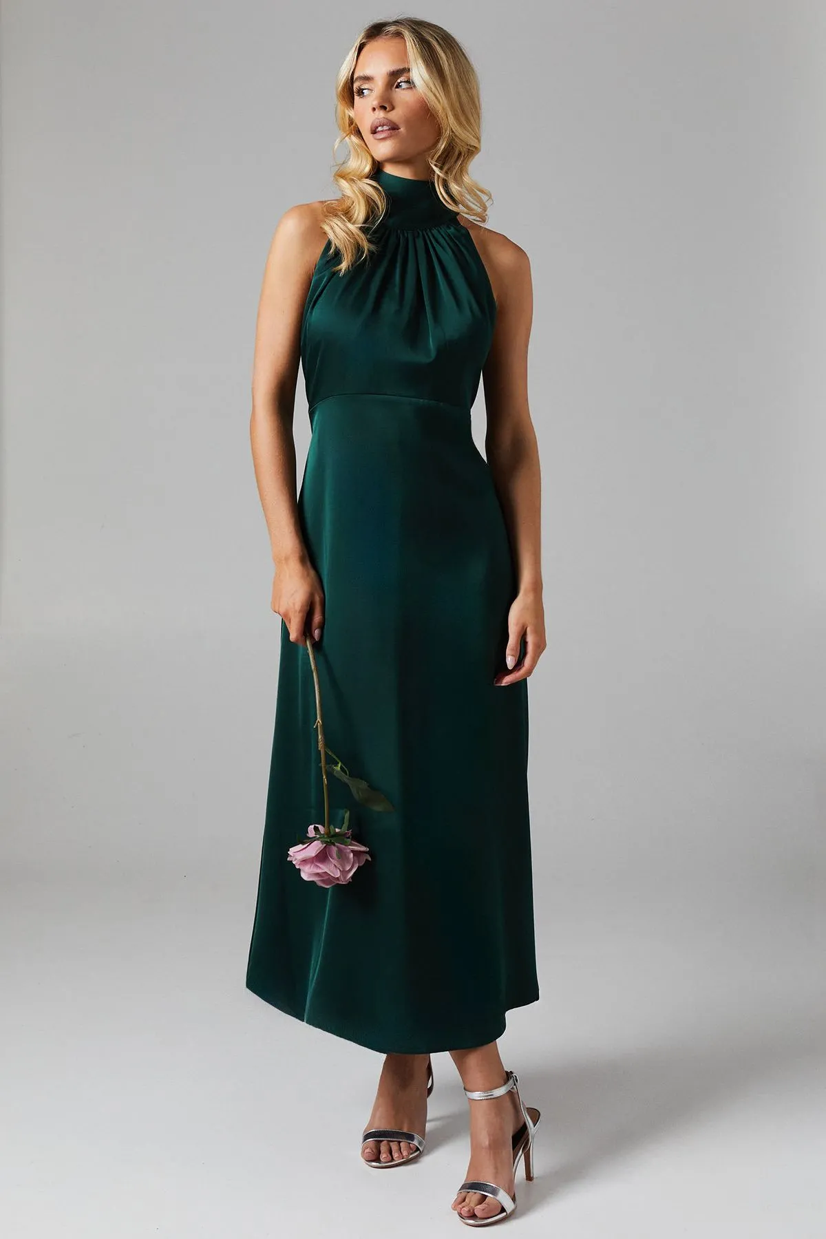 Petite Satin Halter Neck Midi Bridesmaid Dress