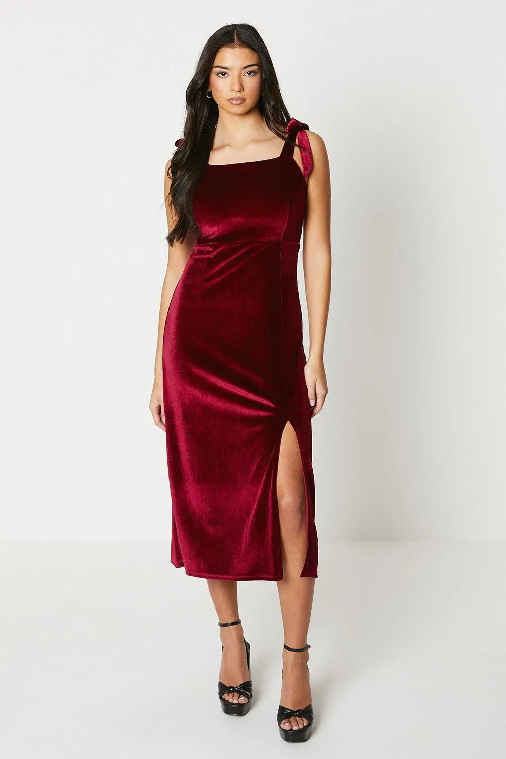 Velvet Tie Shoulder Midi Dress
