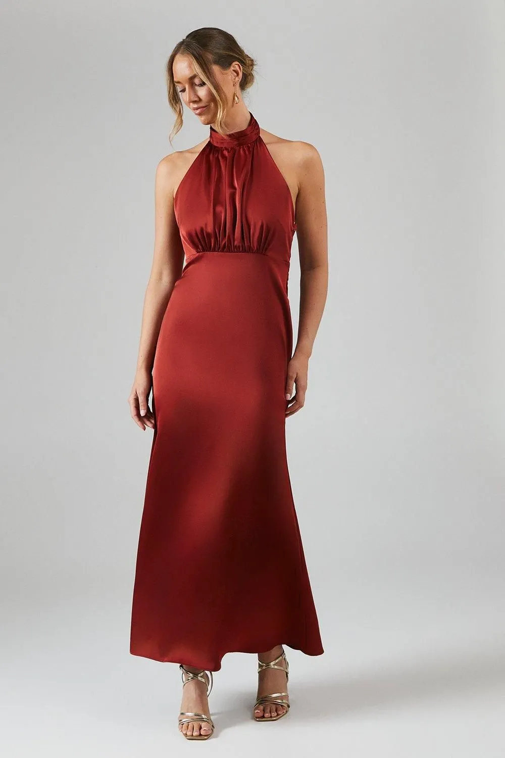 Satin Halter Bias Cut Maxi Bridesmaid Dress