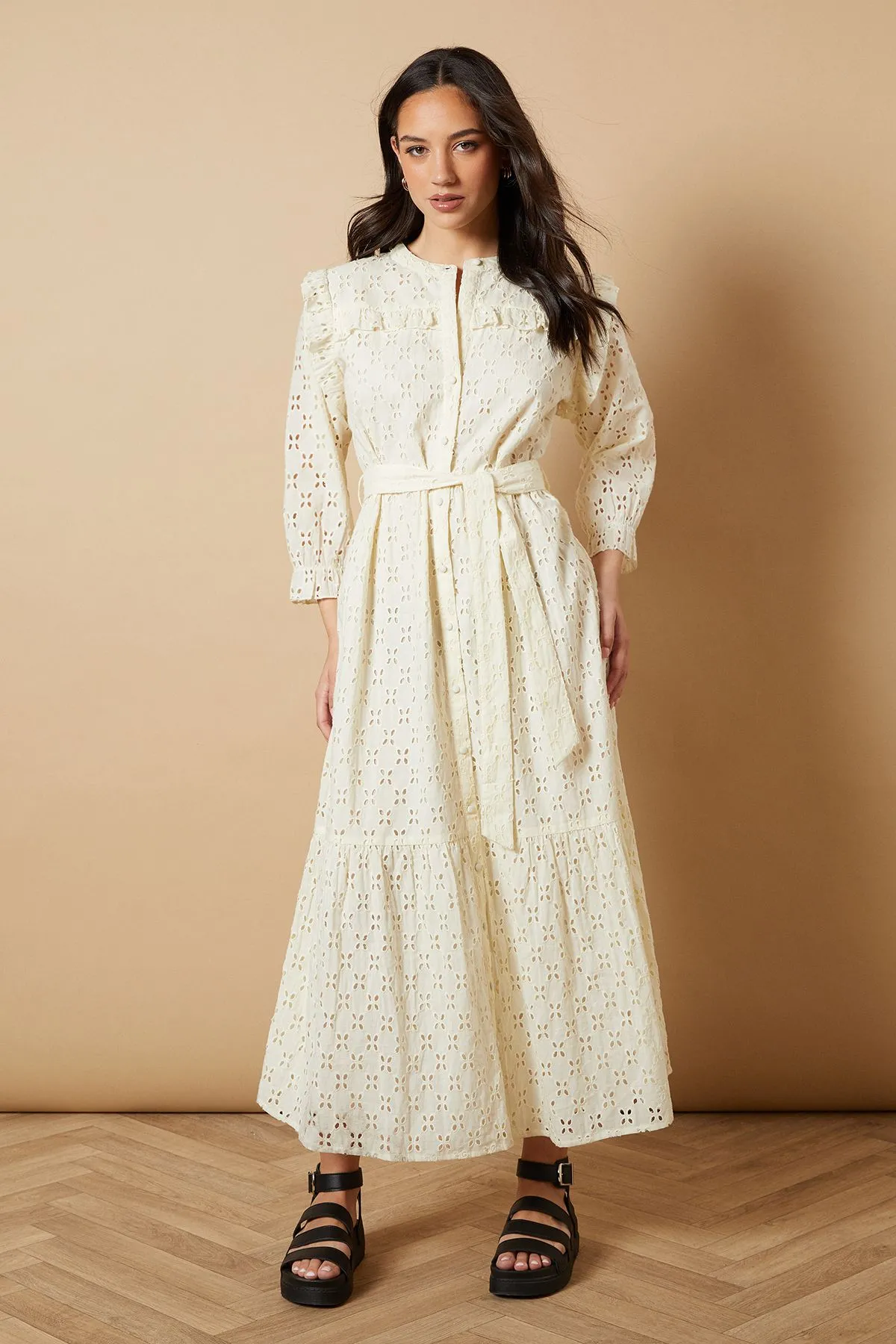 Broderie Button Through Midi Dress