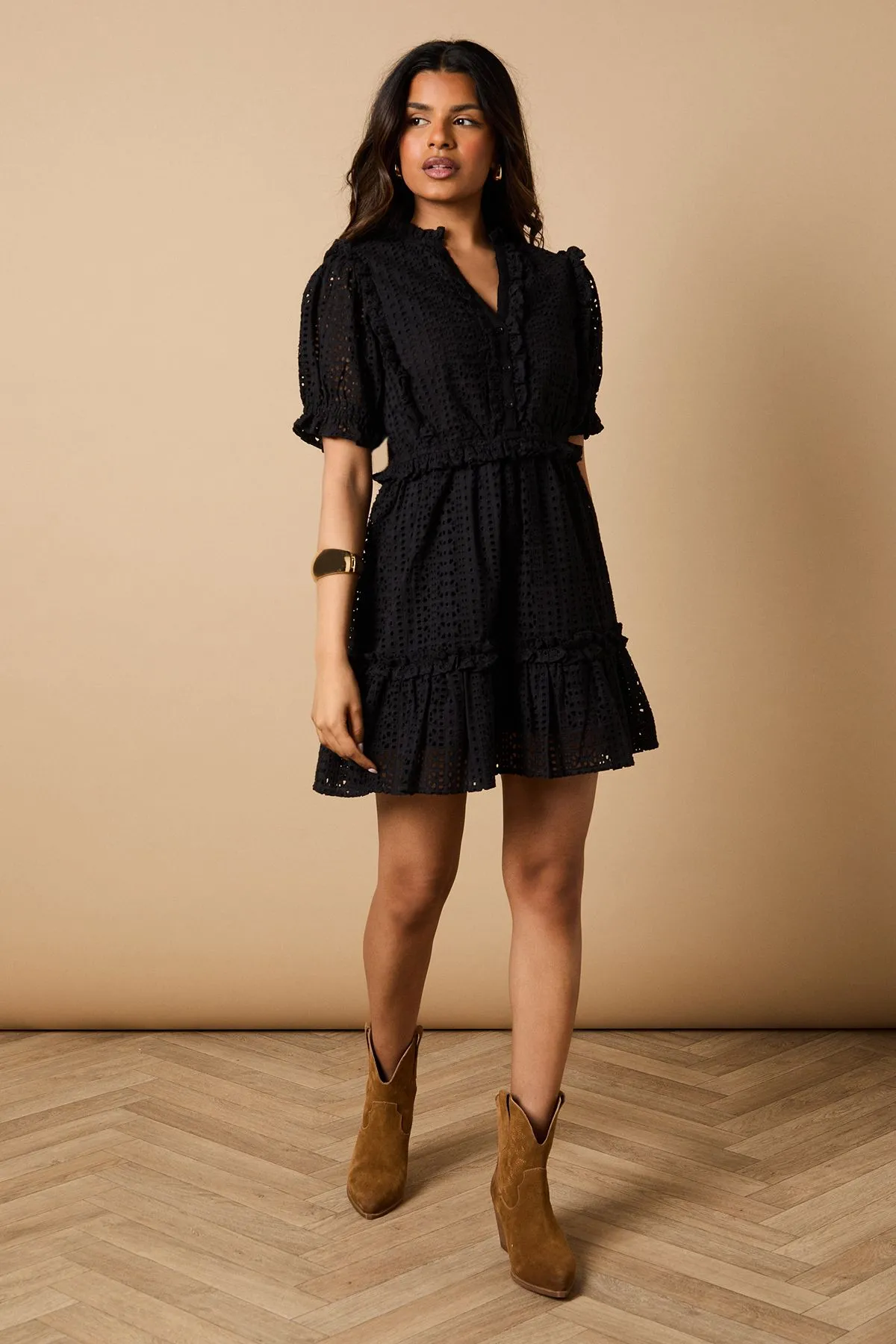 Petite Broderie Frill Detail Button Down Mini Dress