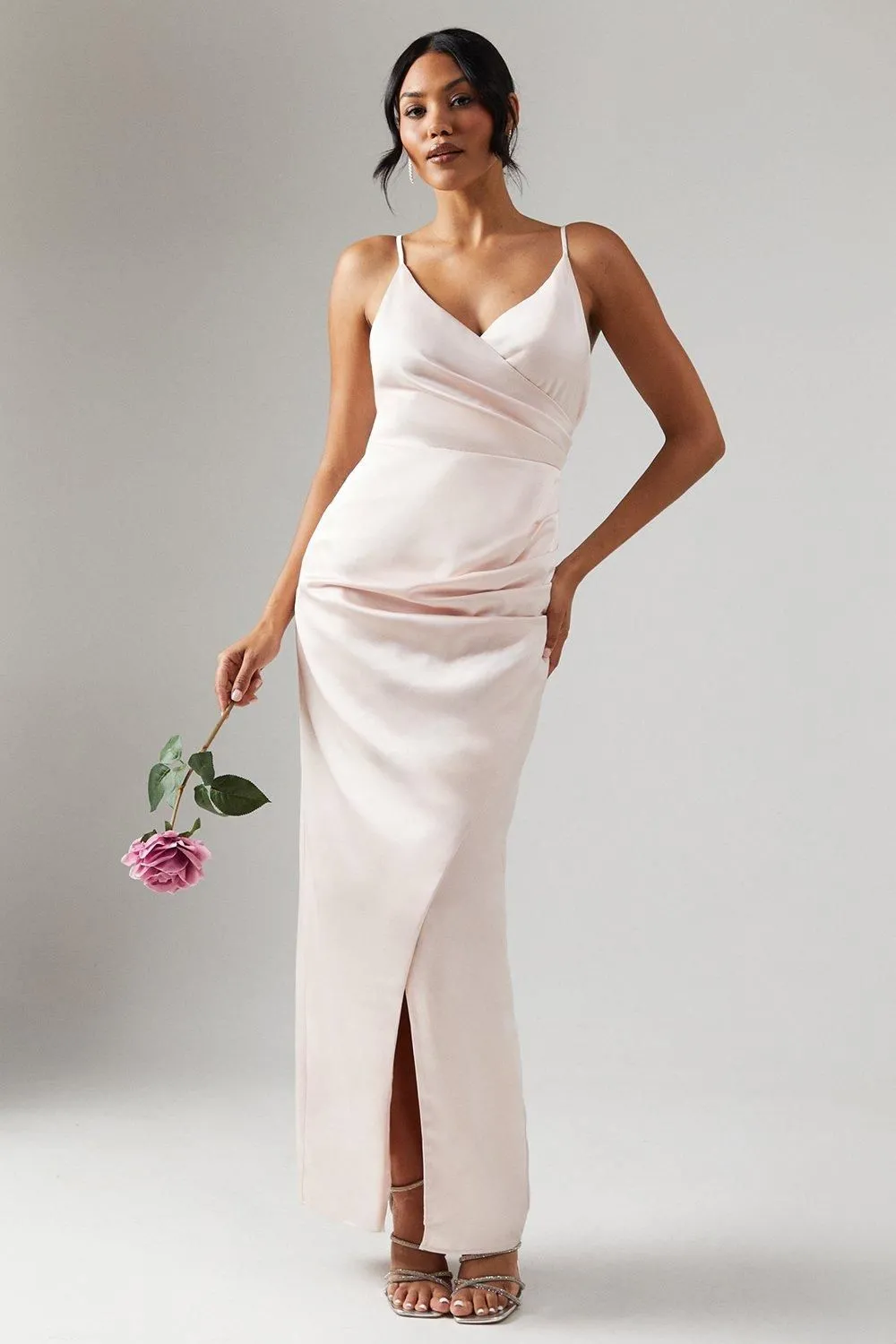 Ruche Side Strappy Satin Maxi Bridesmaid Dress