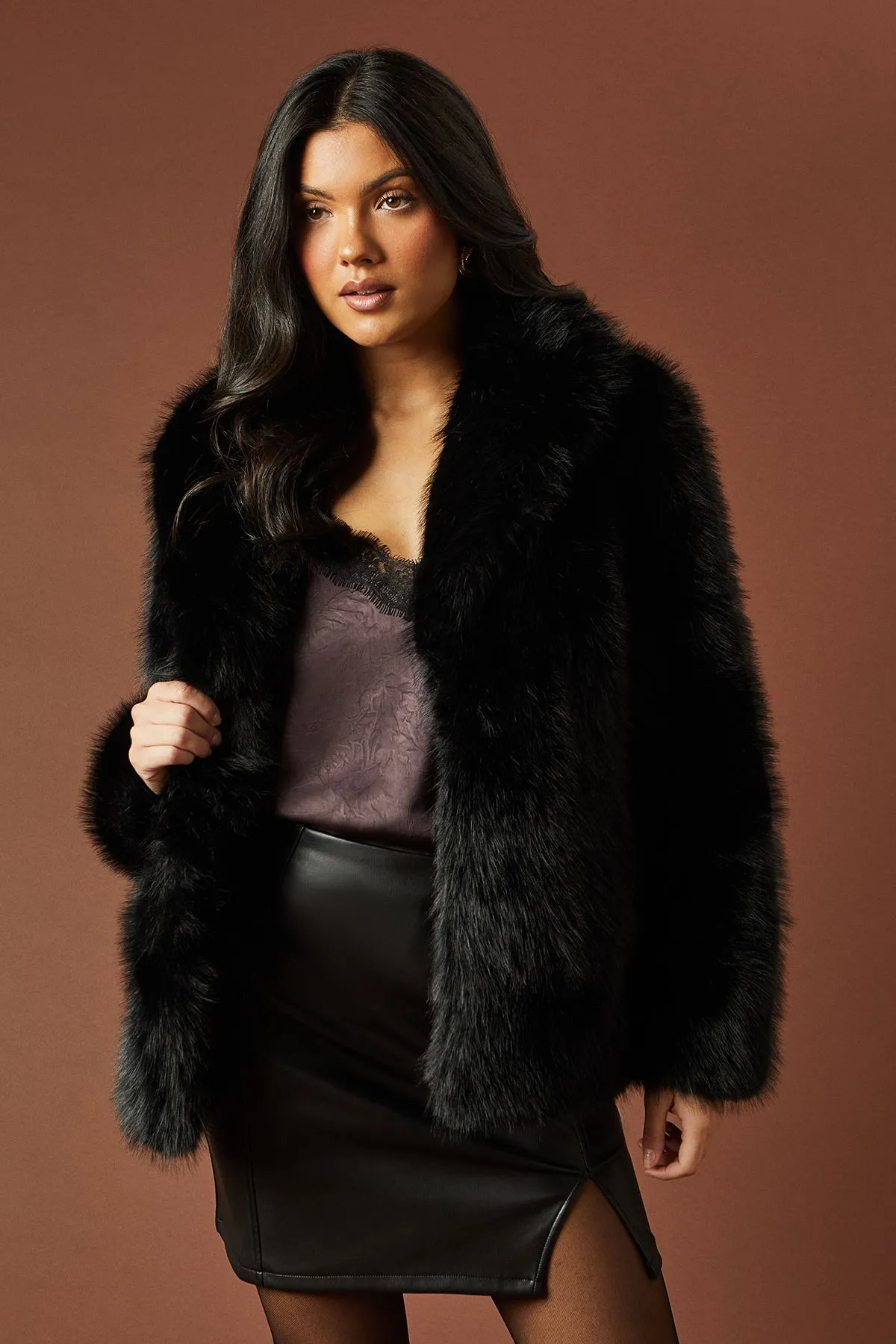Cropped Faux Fur Shawl Collar Coat