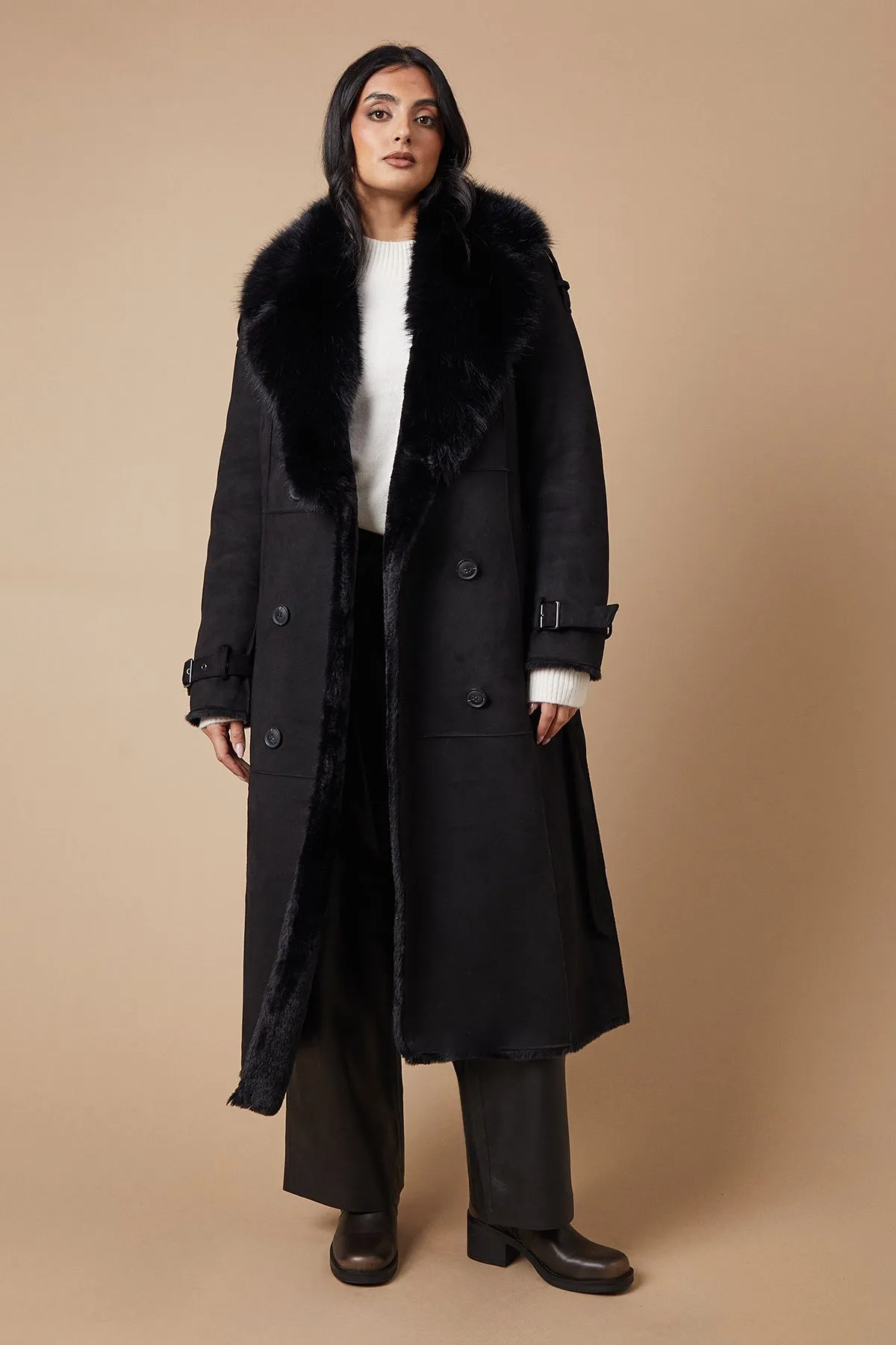 Suede Faux Fur Belted Double Breasted Coat