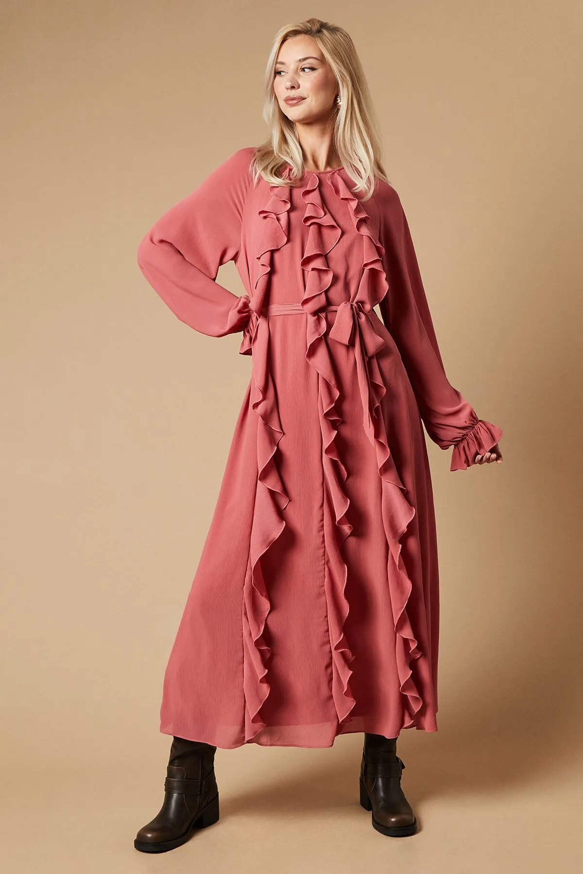 Ruffle Chiffon Belted Midi Dress