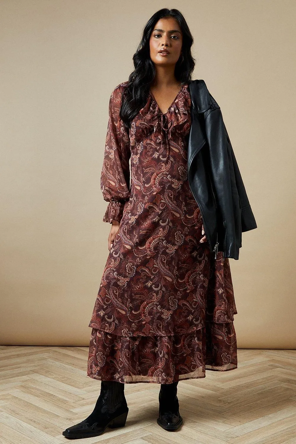 Ruffle Neckline Chiffon Midi Dress