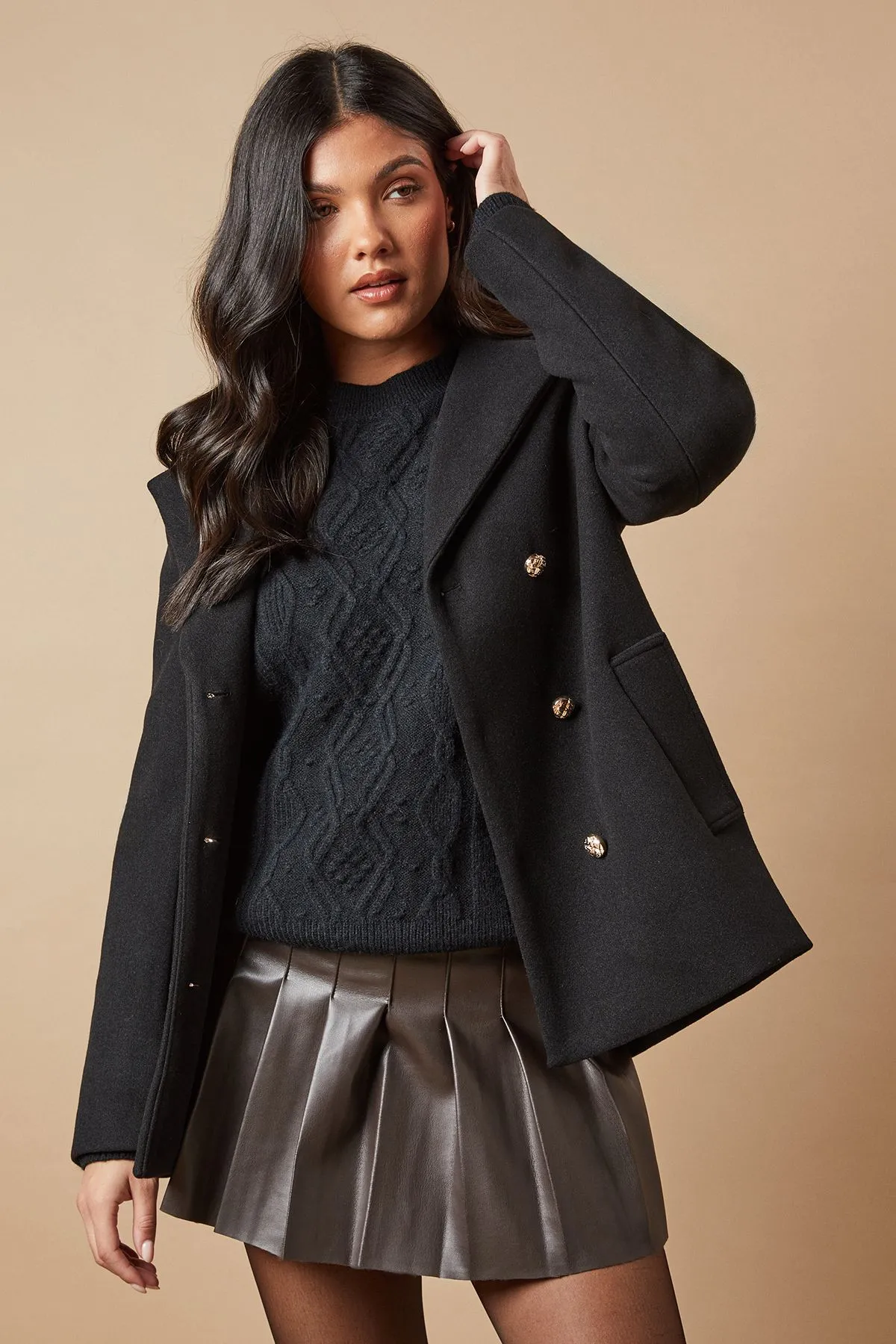 Button Detail Double Breasted Peacoat