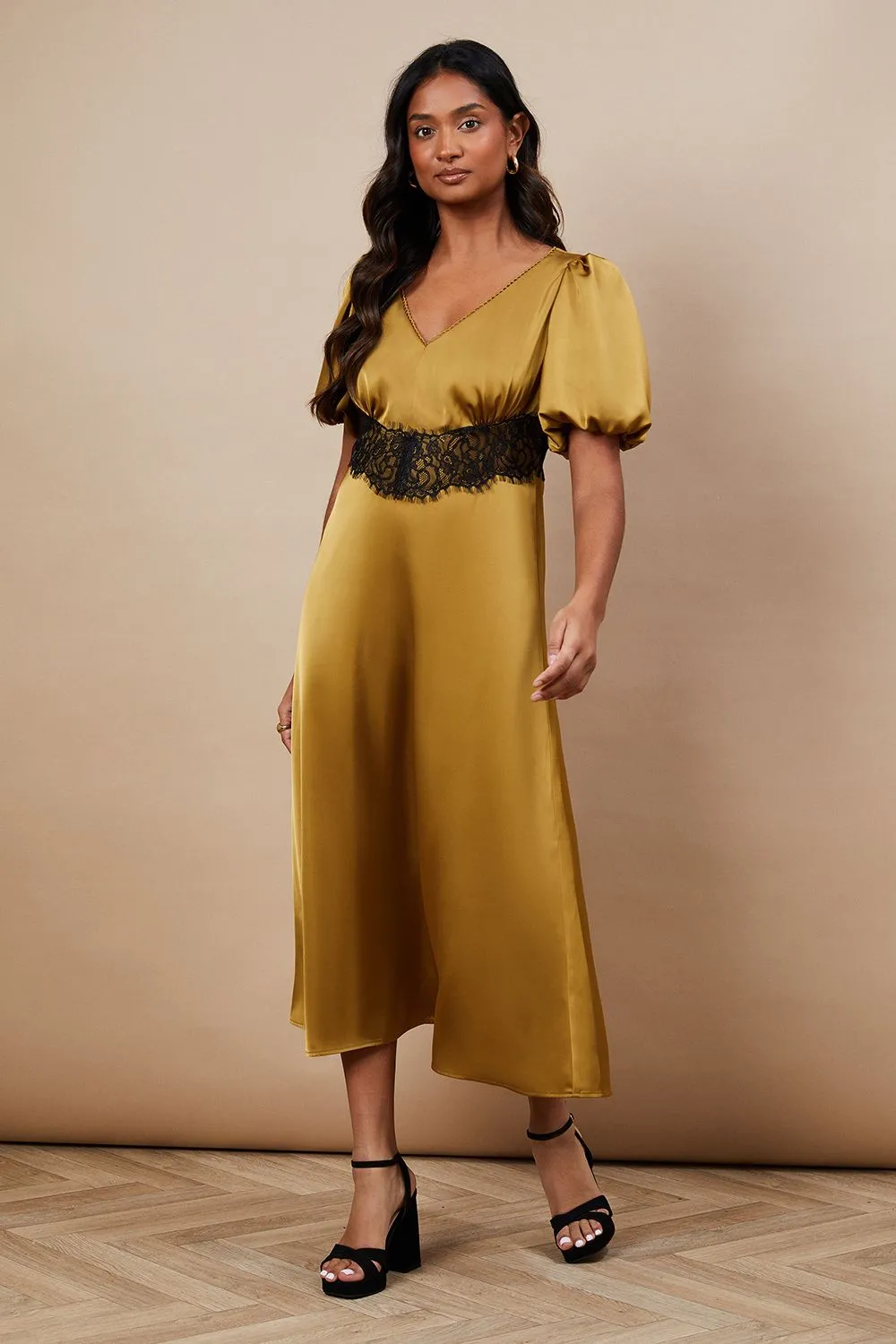 Occasion Satin Lace Waist Midi Dress