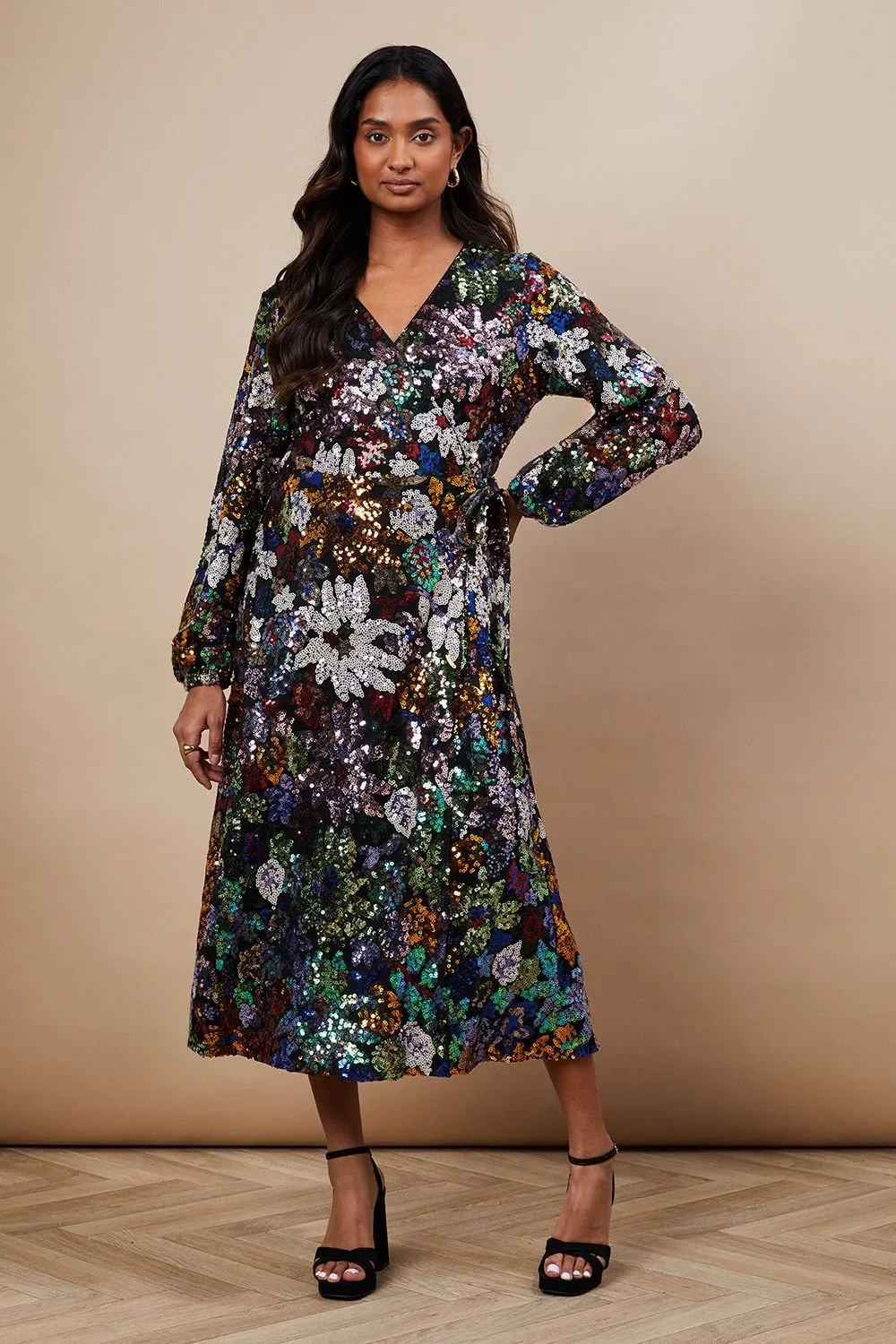 Occasion Floral Sequin Wrap Midi Dress