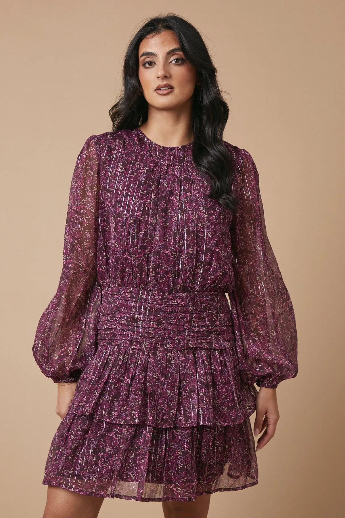 Ditsy Metallic Chiffon Tiered Mini Dress