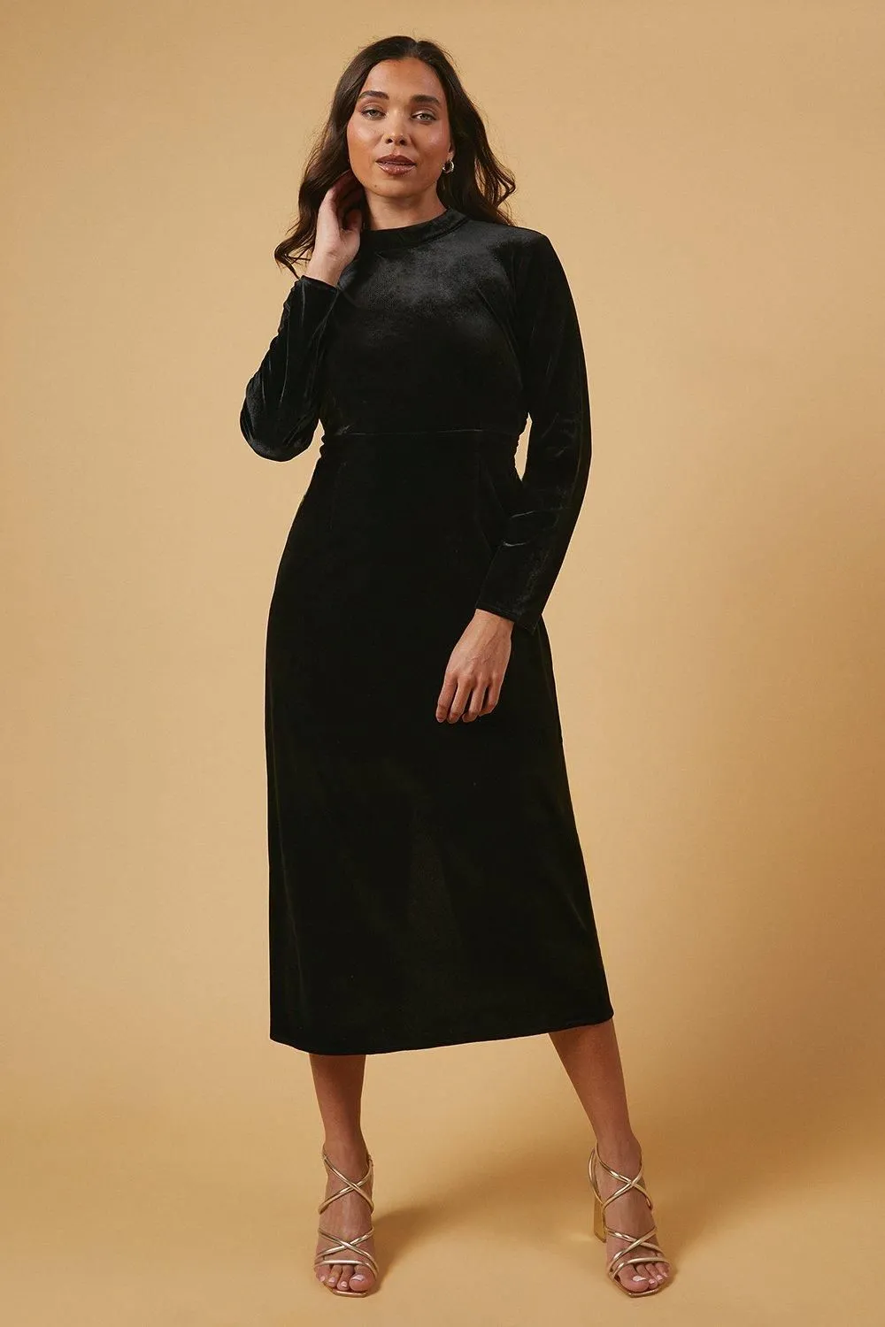 Petite Velvet High Neck Twist Back Midi Dress