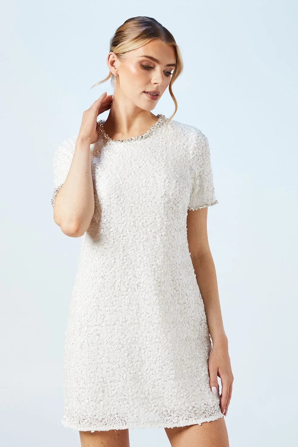 Sequin Bridal Shift Dress With Diamante Trim Detail