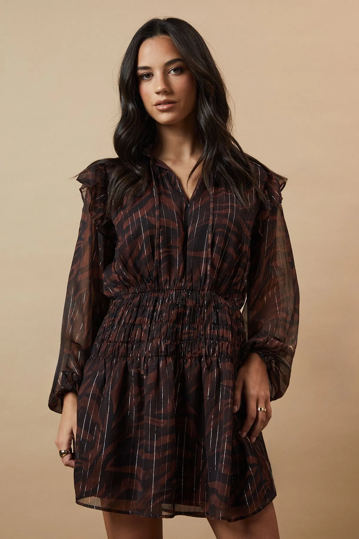 Animal Metallic Chiffon Shirred Mini Dress