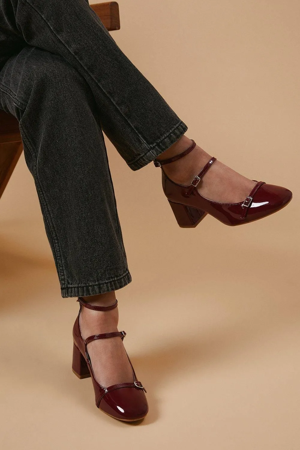 Virgo Mary Jane Ankle Strap Medium Block Heel Courts Shoes