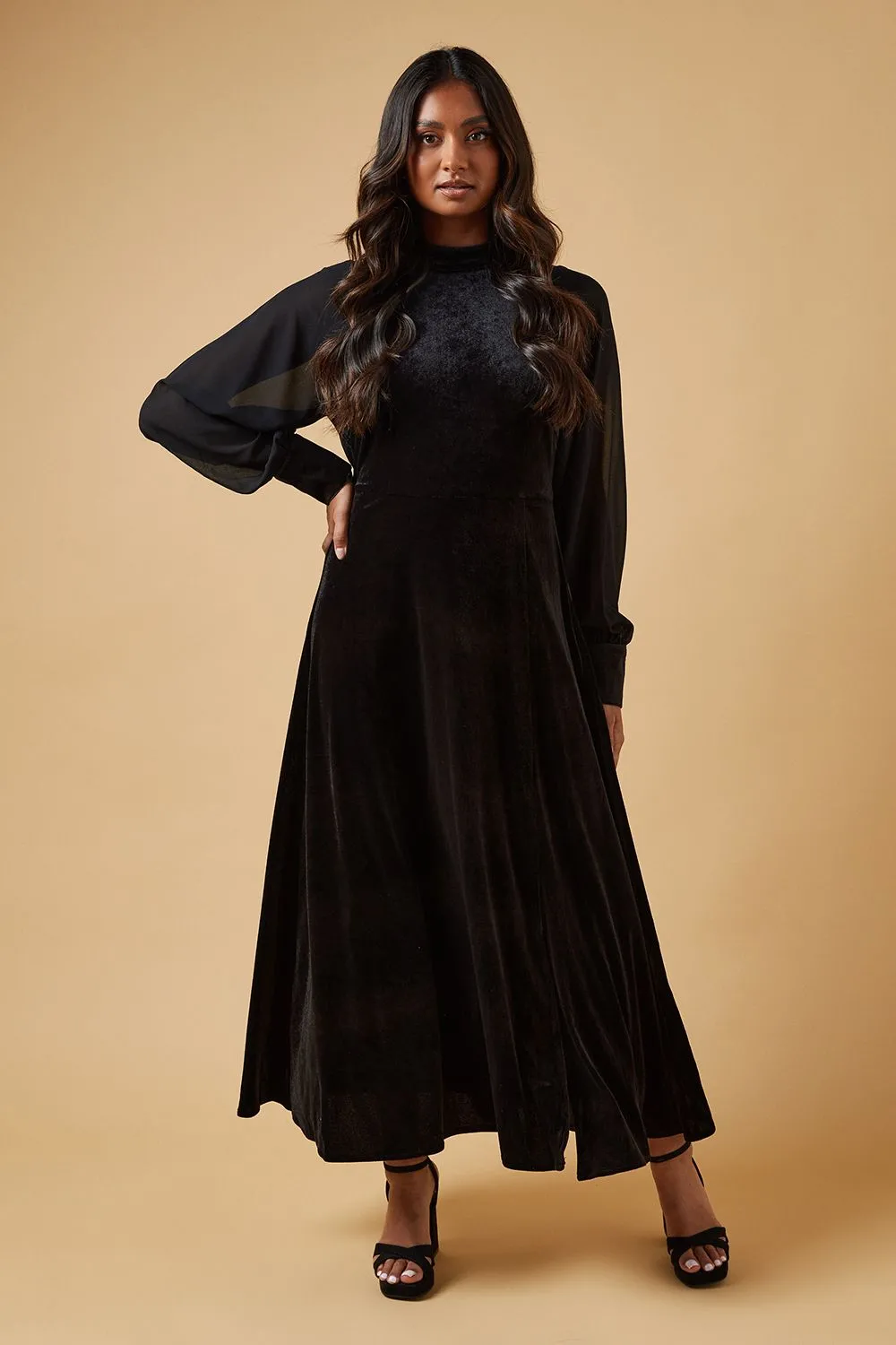Velvet and Chiffon Sleeve Tie Back Maxi Dress