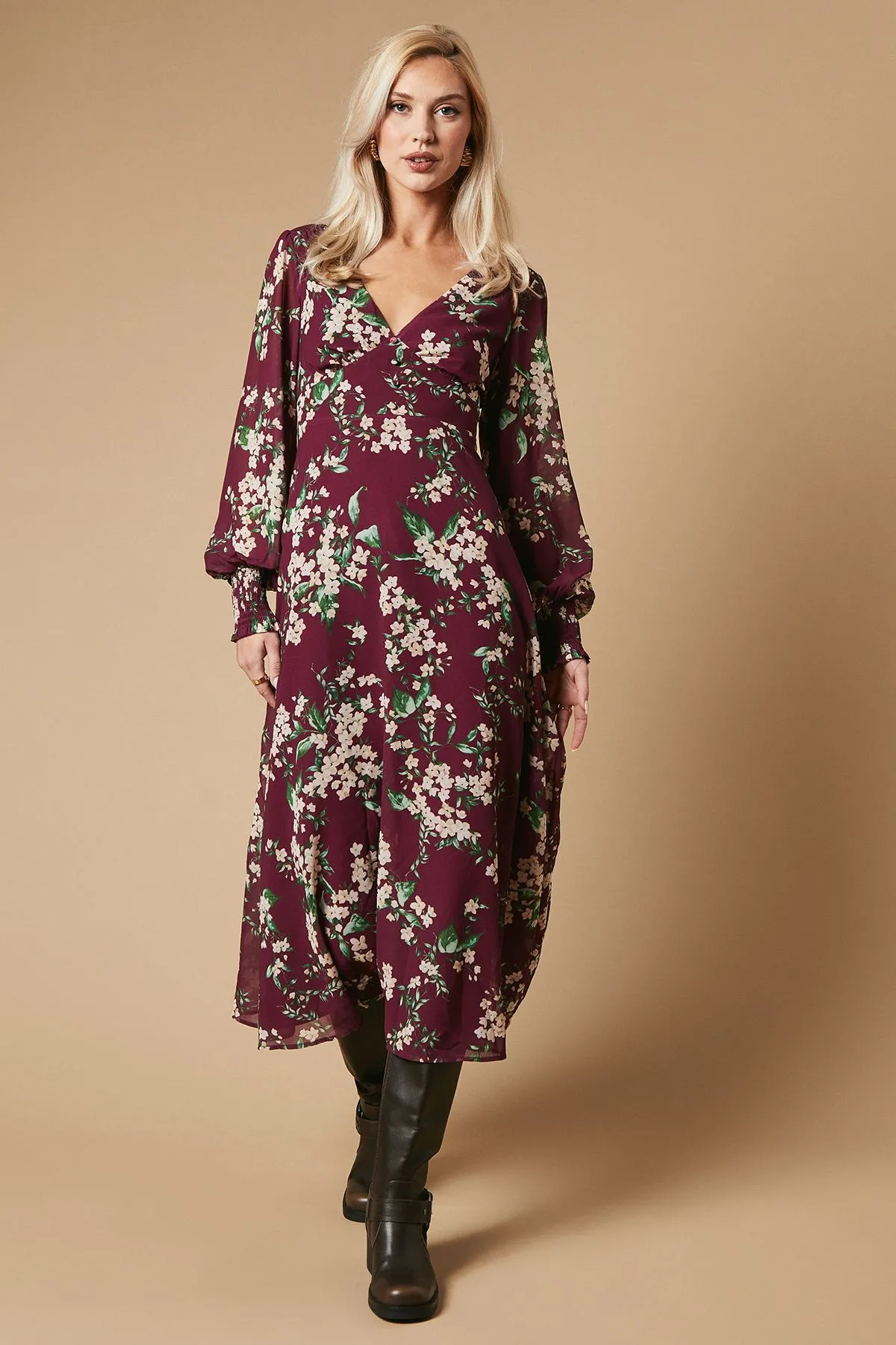 Occasion Floral Printed Button Midi Dress
