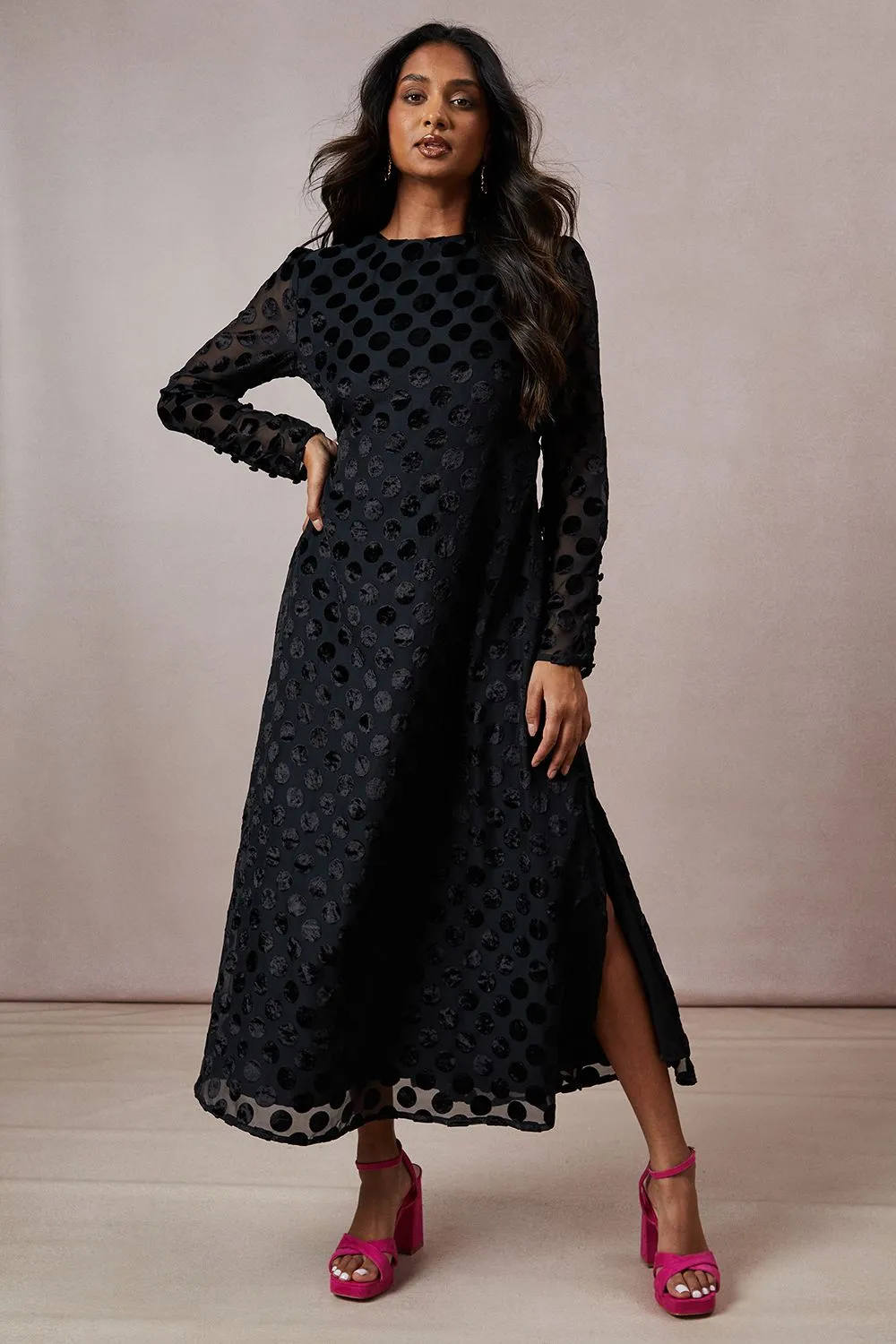 Spot Bias Cut Velvet Midi Dress