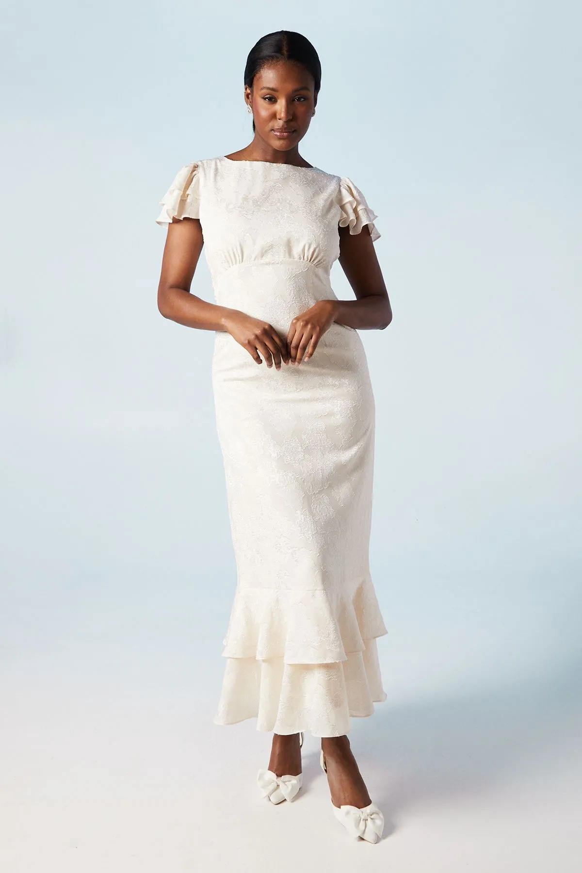 Satin Jacquard Flutter Sleeve Wedding Maxi Dress