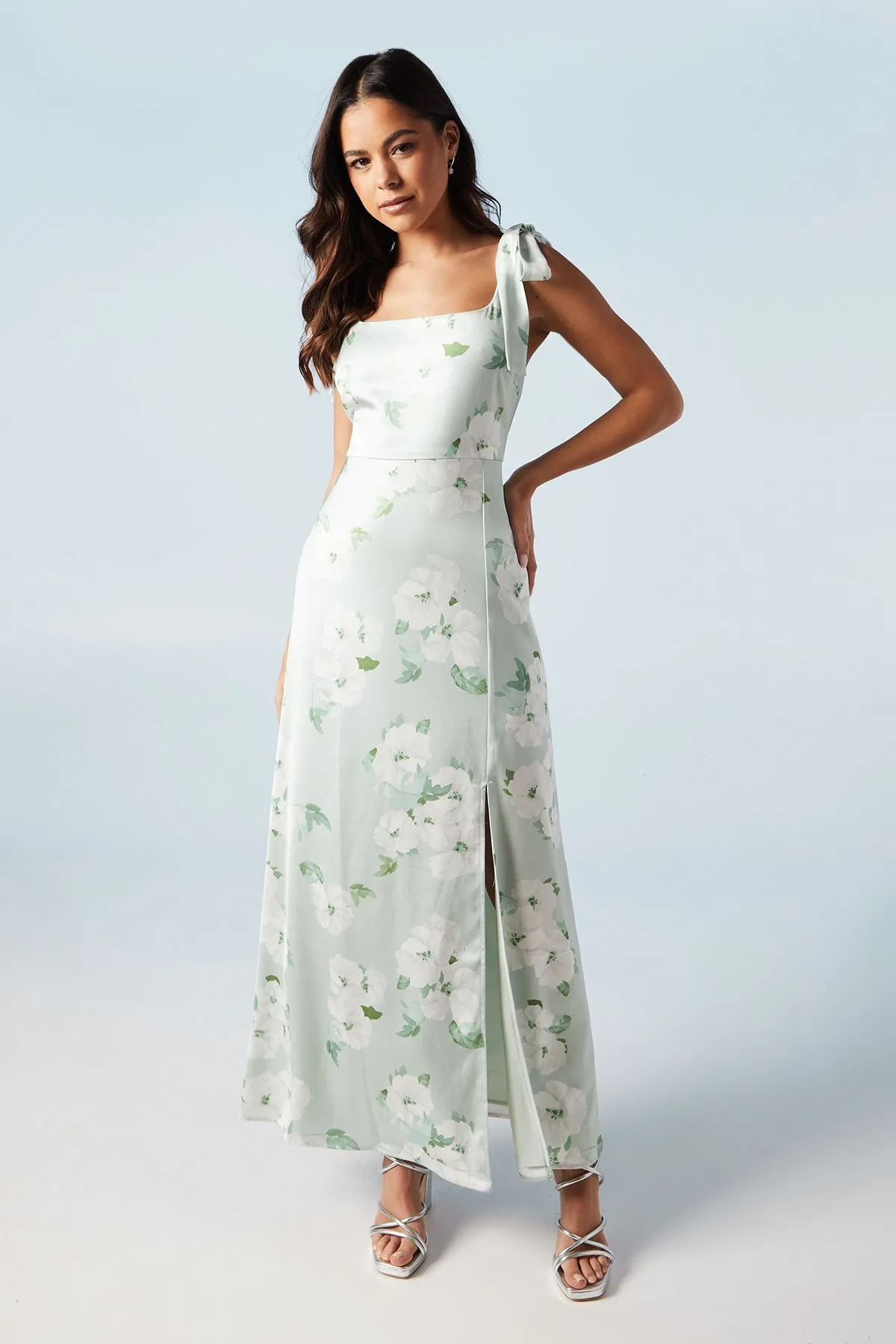 Sage Posy Satin Tie Shoulder Maxi Bridesmaid Dress