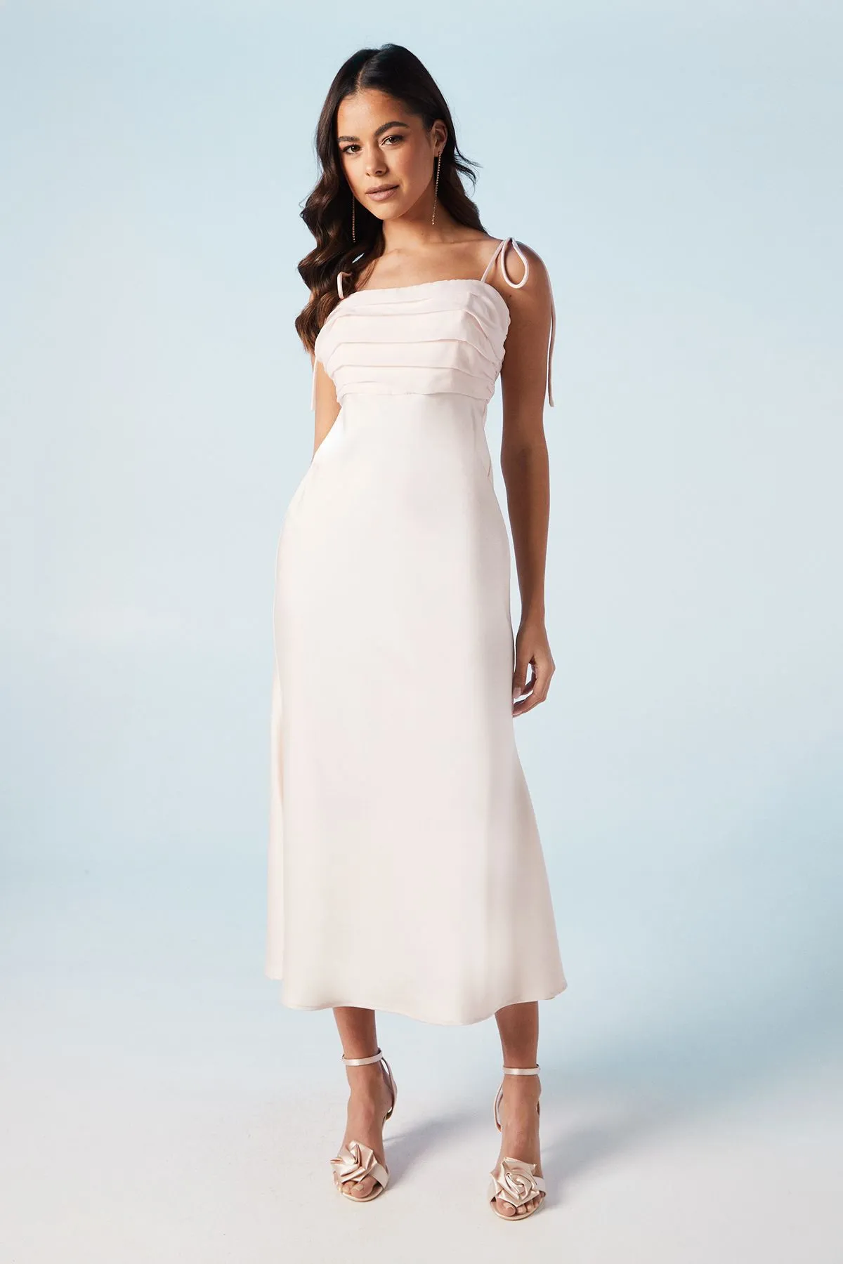 Satin Chiffon Mix Tie Shoulder Bridesmaid Midi Dress