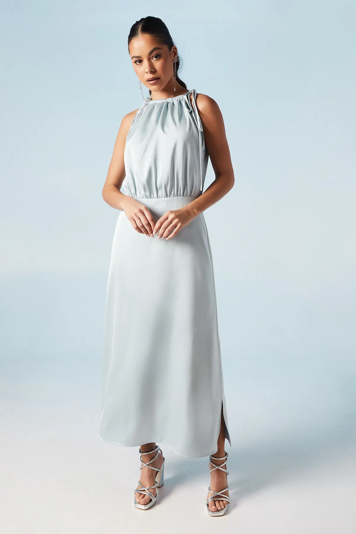 Ruched Halterneck Satin Bridesmaid Midi Dress
