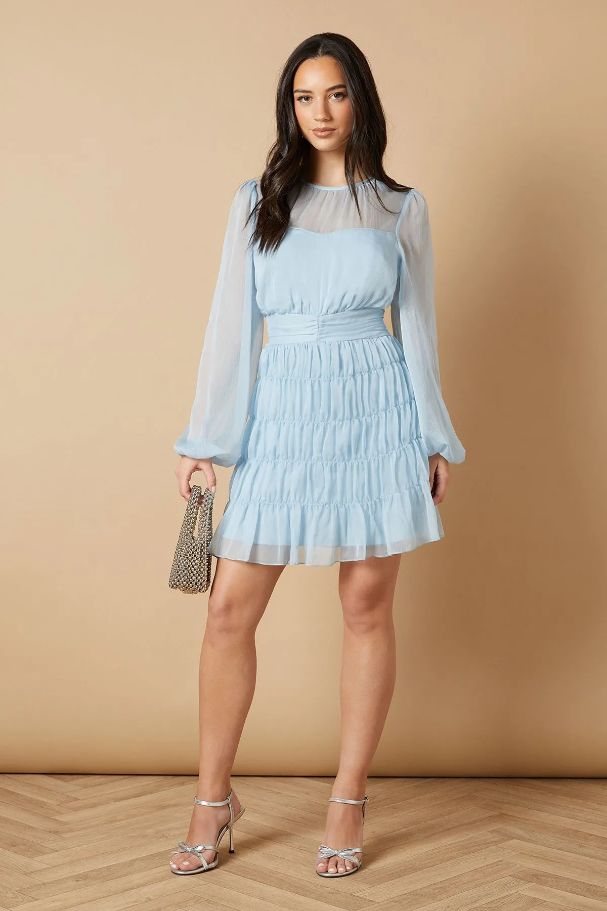 Ruched Waist Mesh Insert Mini Dress