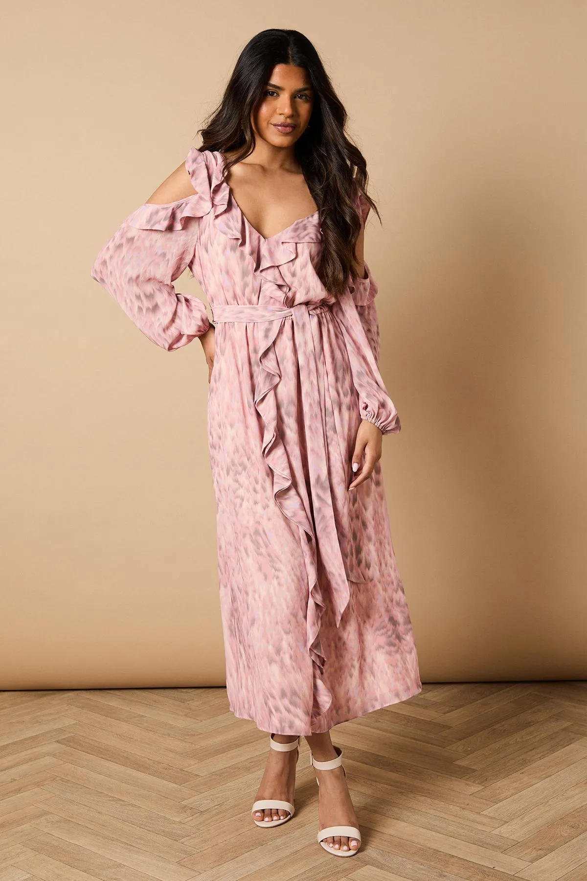 Petite Printed V Neck Cold Shoulder Belt Detail Midi Dress