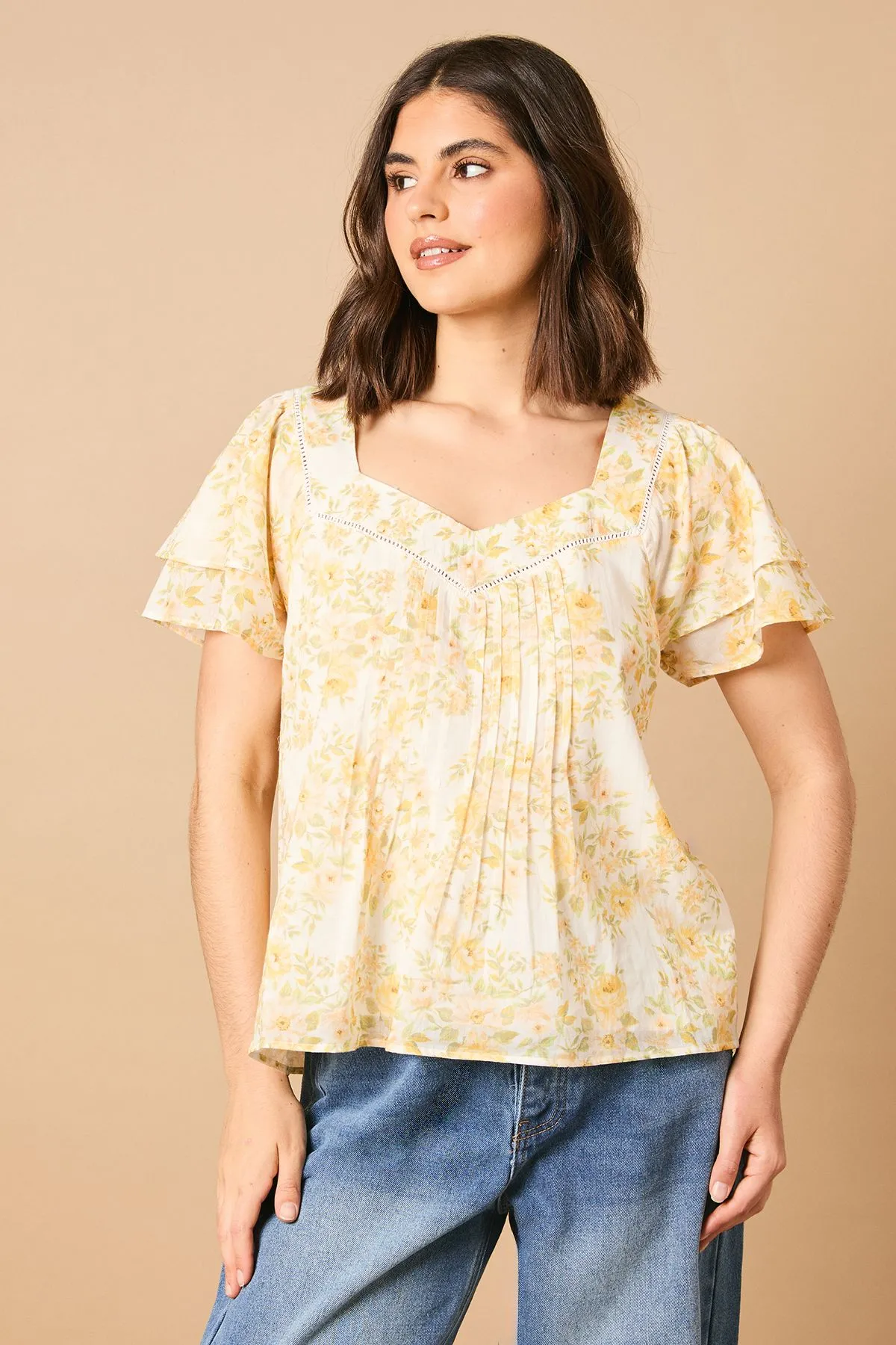 Printed Trim Detail Ruffle Sleeve Smock Top