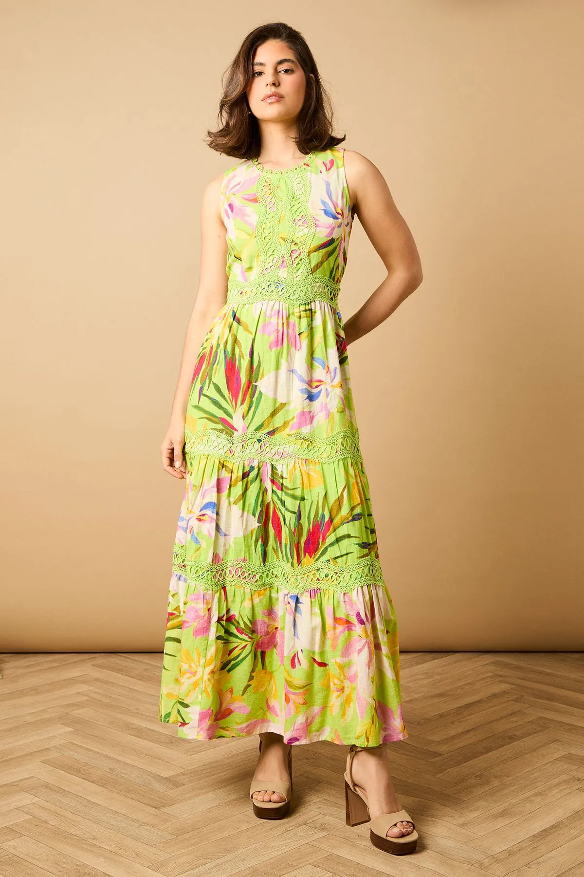 Printed Lace Detail Keyhole Tiered Maxi Dress