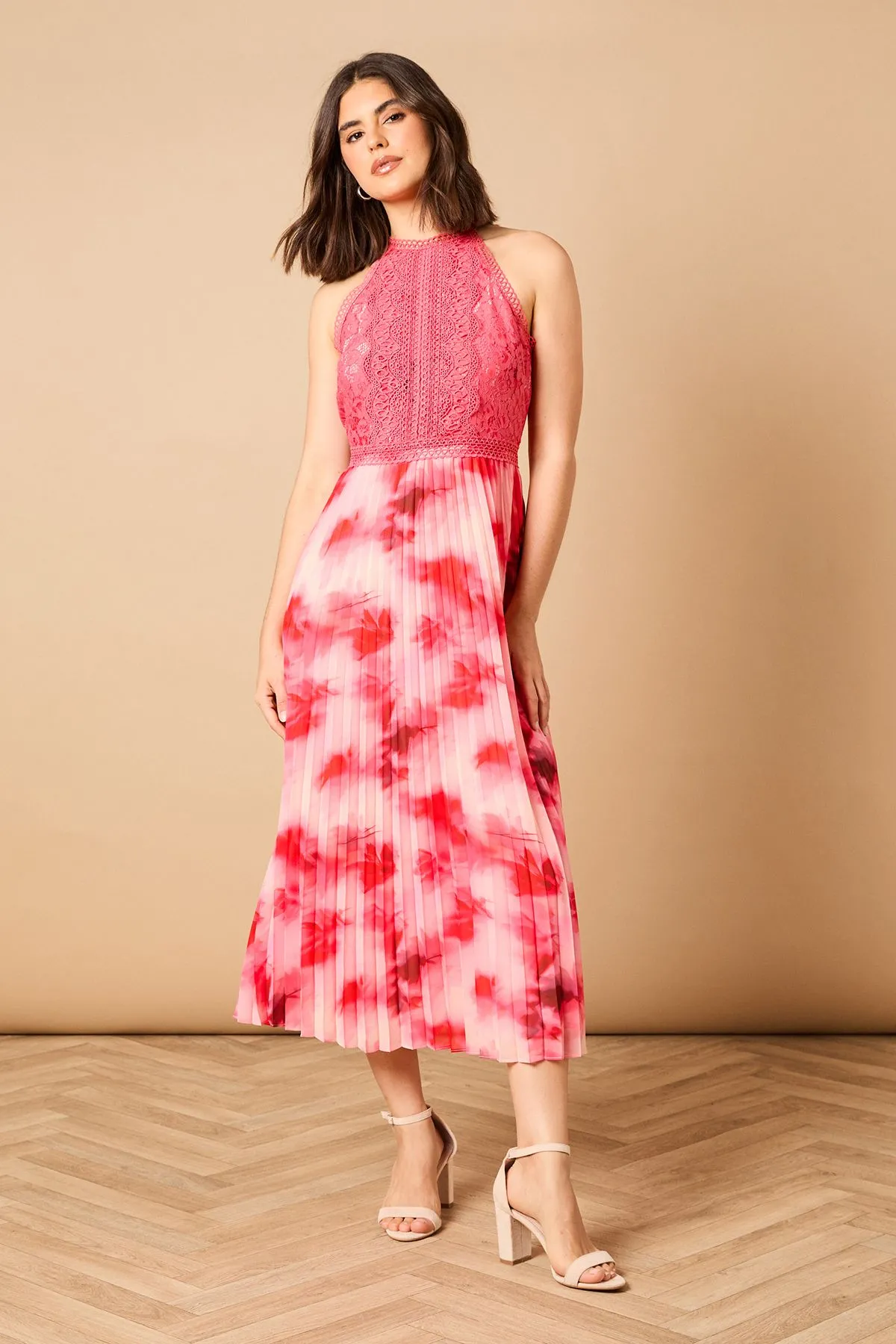 Printed Lace Mix Halterneck Midi Dress