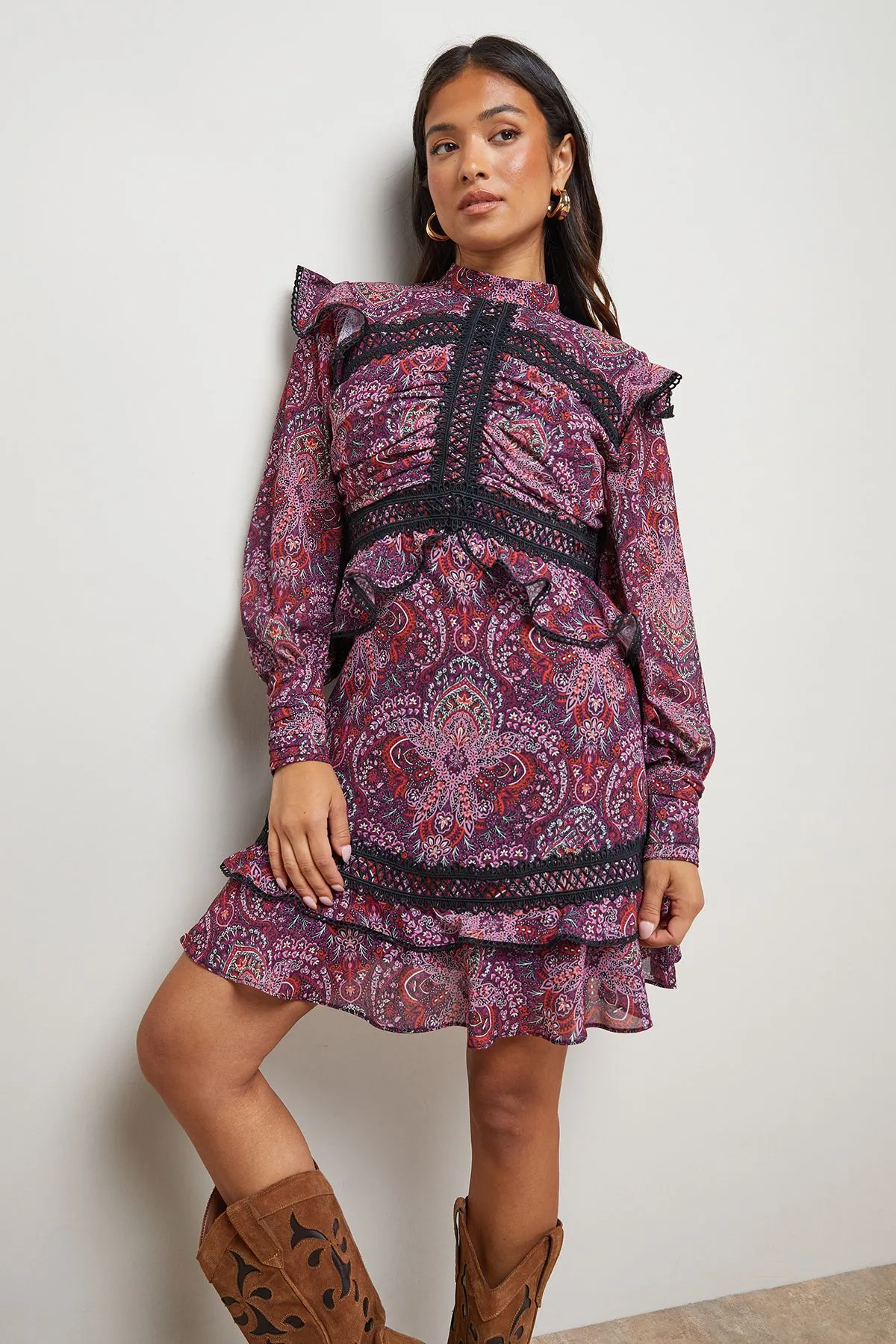 Petite Ruched Bodice Trim Detail Mini Dress