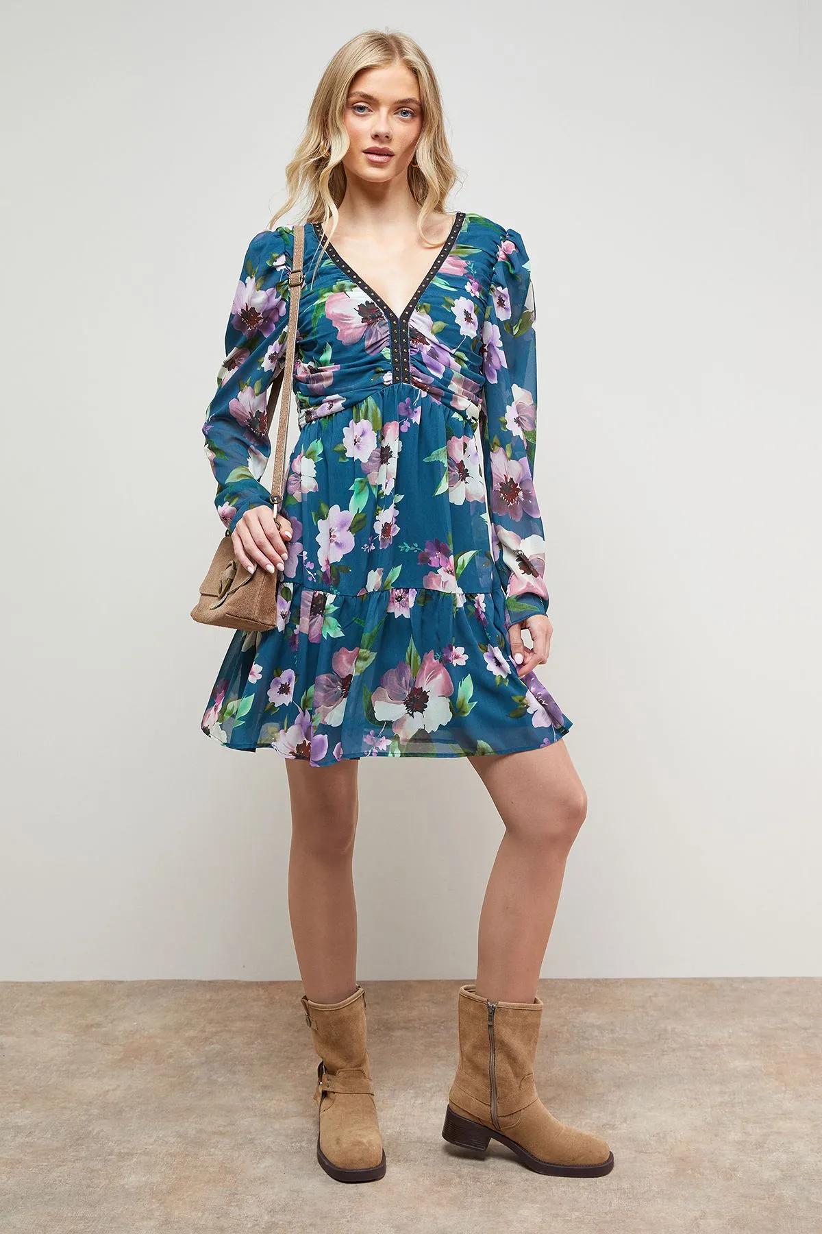 Printed Statement Shoulder Ruched Body Mini Dress