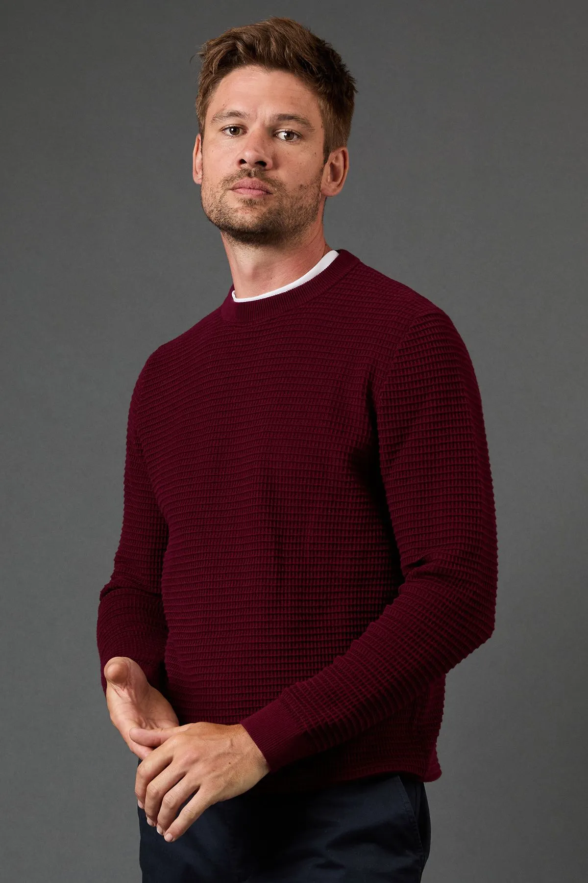 Burgundy Waffle Crew Neck Knitted Jumper