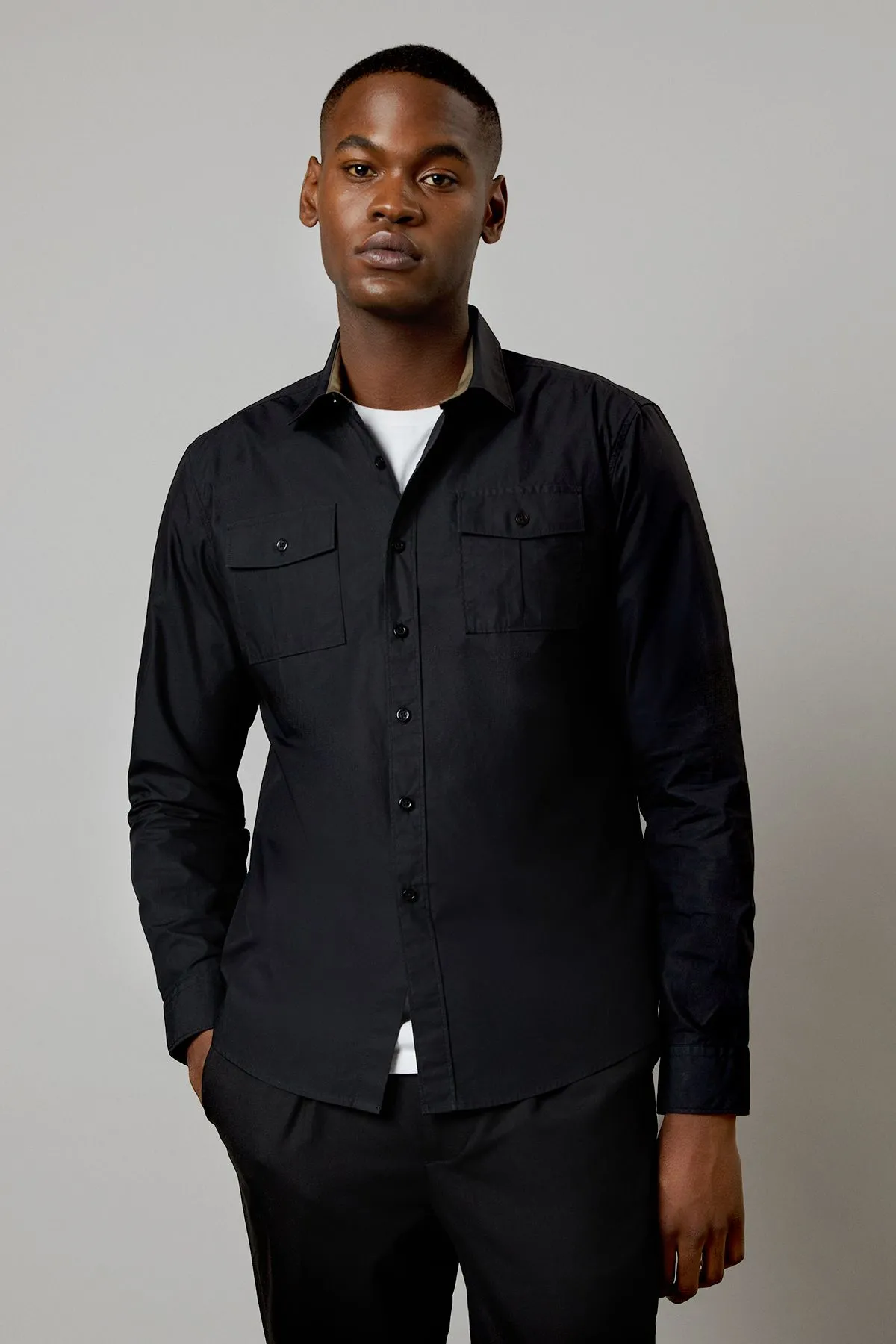 Black Twin Pocket Cotton Poplin Long Sleeve Shirt