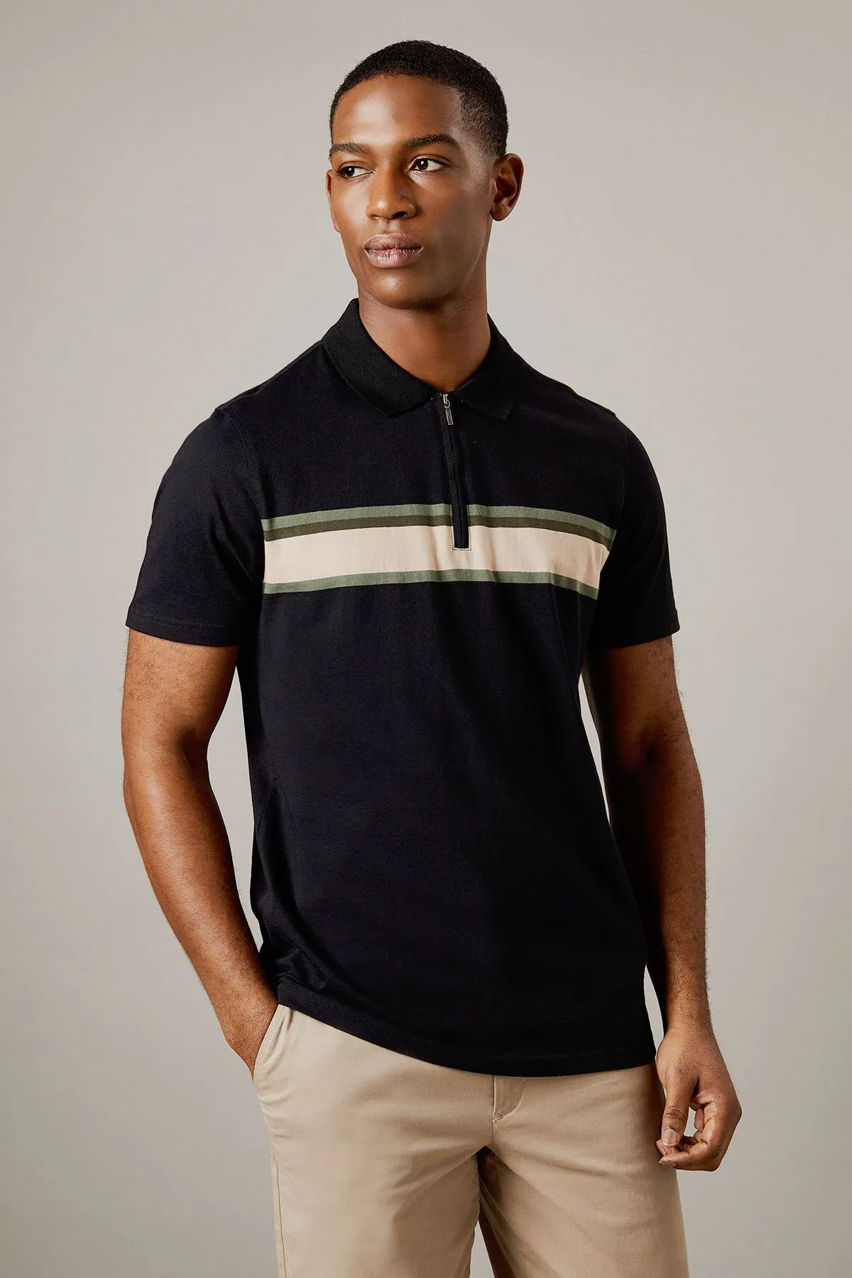 Black Chest Stripe Zip Neck Polo Shirt