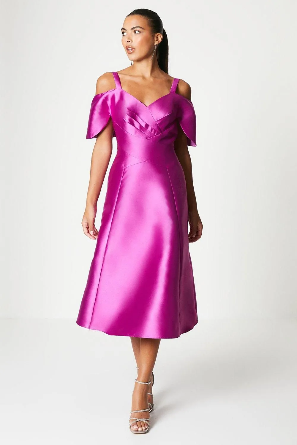 Twill Bardot V Neck Midi Dress