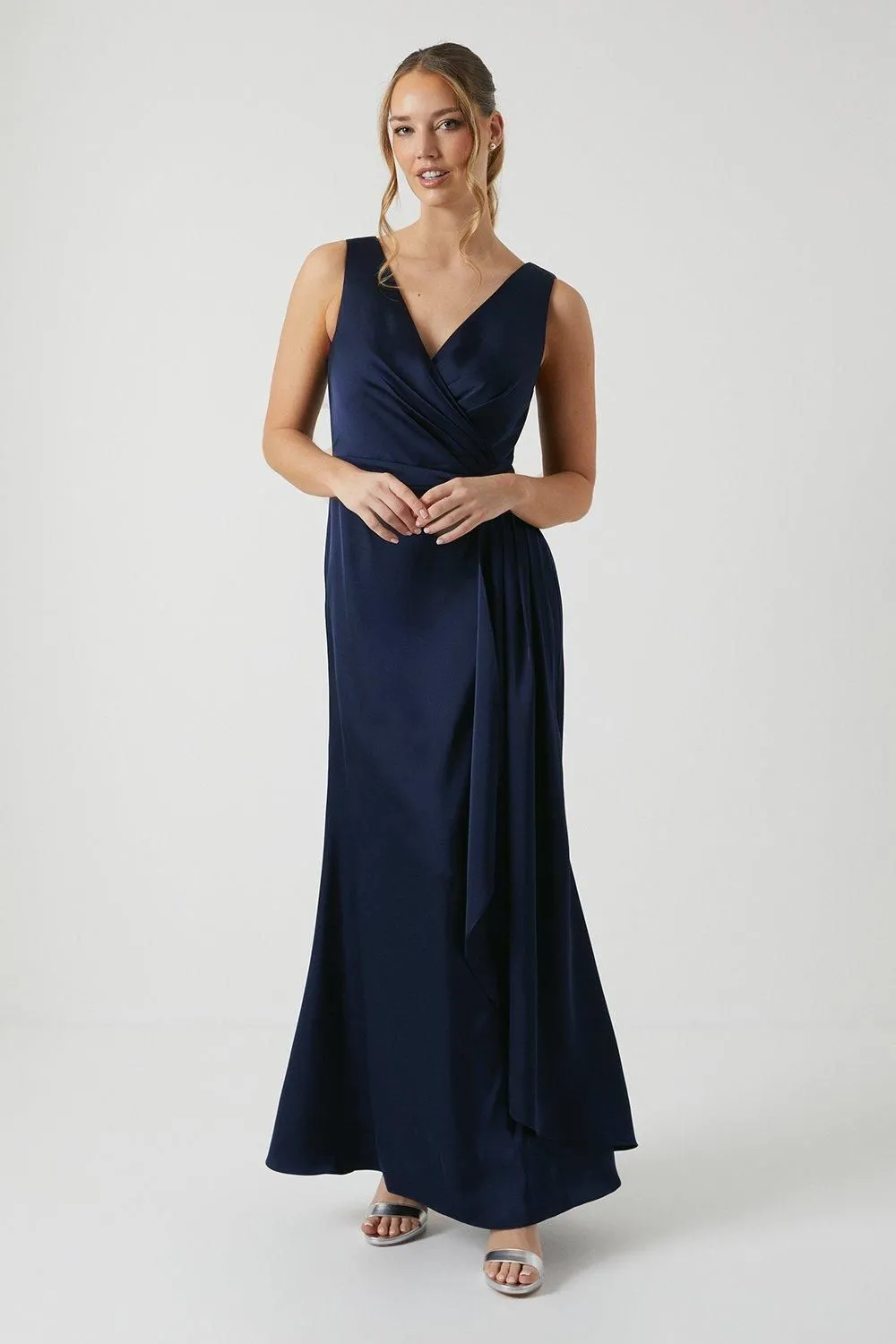 Wrap Front Waist Detail Satin Bridesmaid Dress