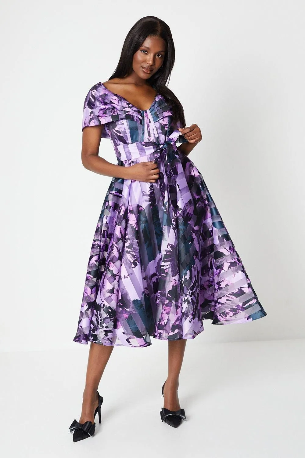 Bardot Detail Flare Skirt Printed Organza Midi Dress