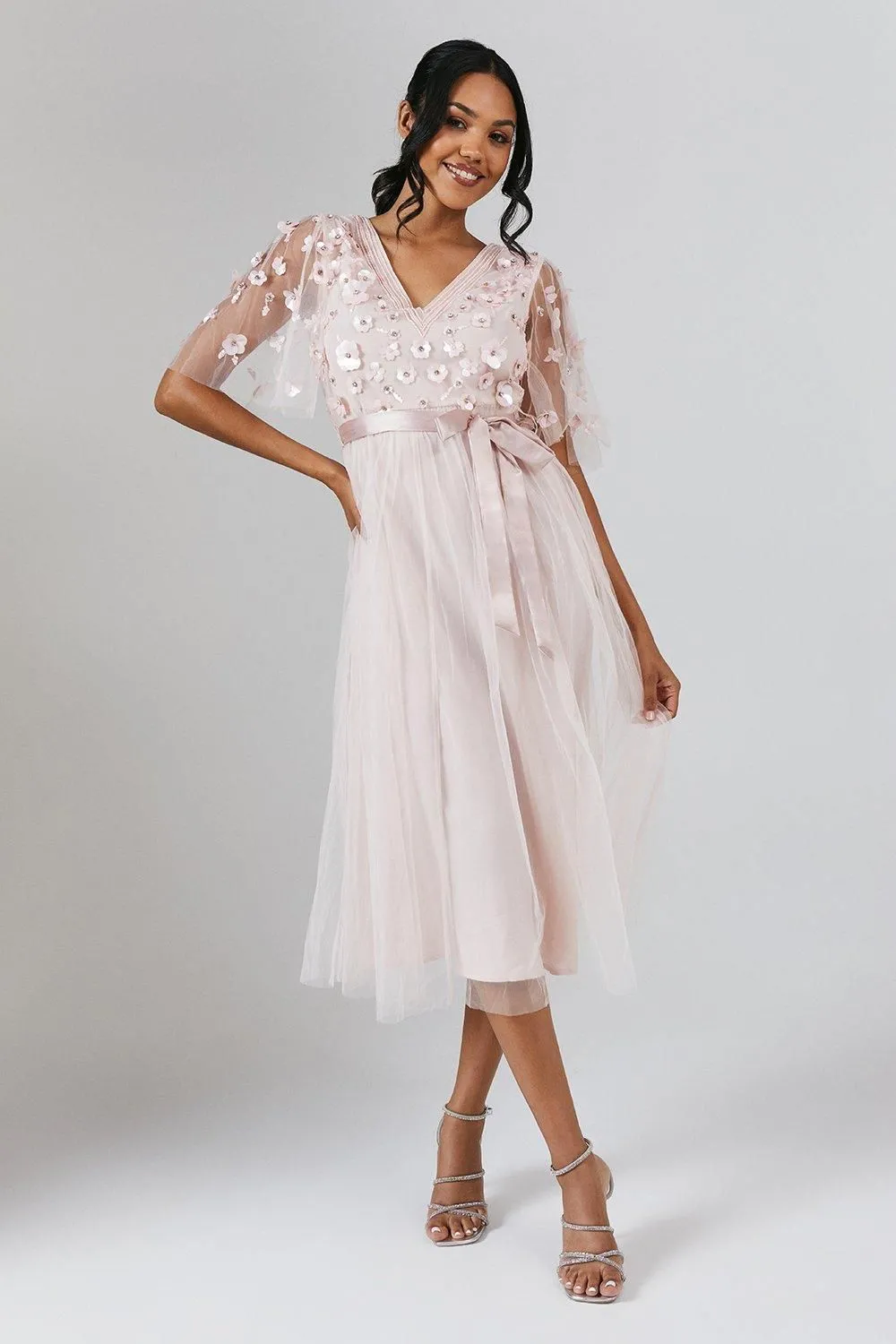 Angel Sleeve Trailing Floral Embellished Bridesmaid Dress