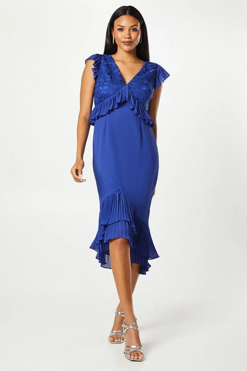 V Neck Pleated Ruffle Georgette Midi Wedding Guest Dress