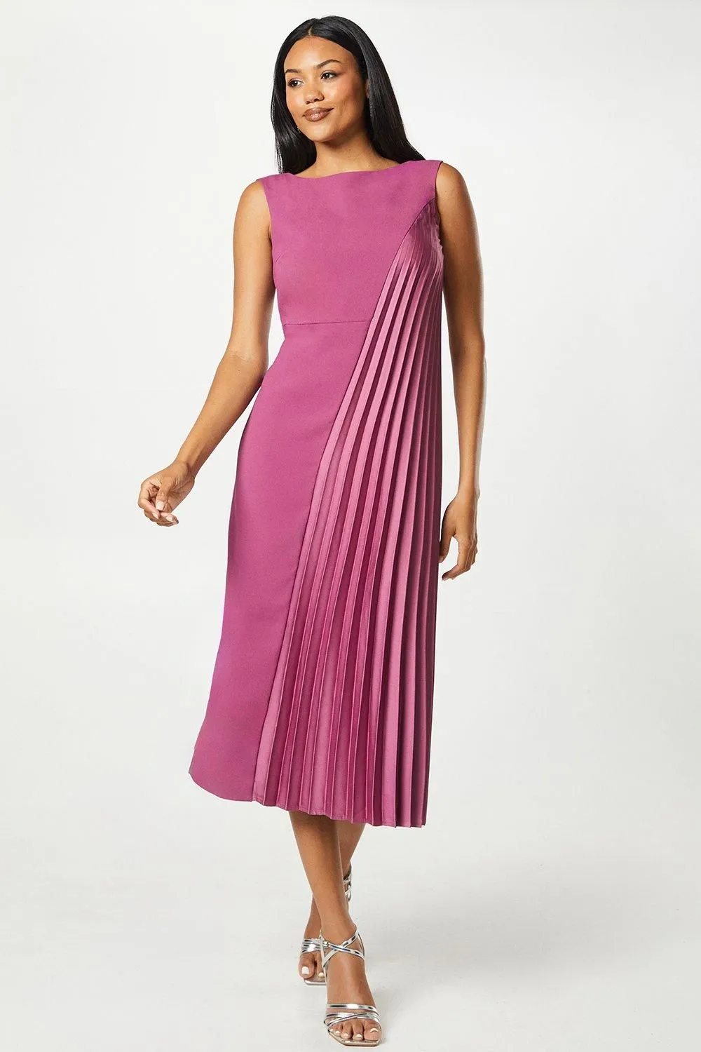 Crepe Overlay Pleated Georgette Midaxi Dress