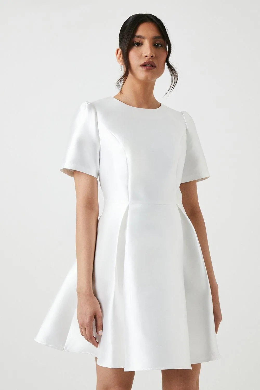 Full Skirted Short Sleeve Twill Mini Wedding Dress